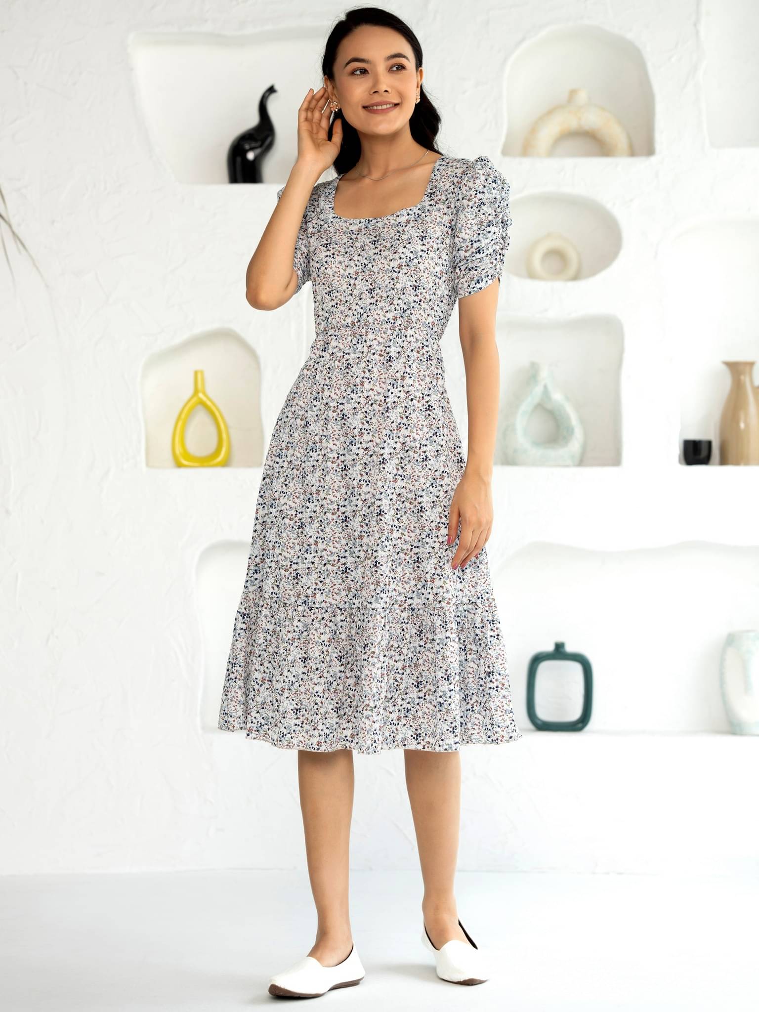 aask Women Polyester Printed Fit & Flare Dress ( White ) aask Women Polyester Printed Fit & Flare Dress ( White )