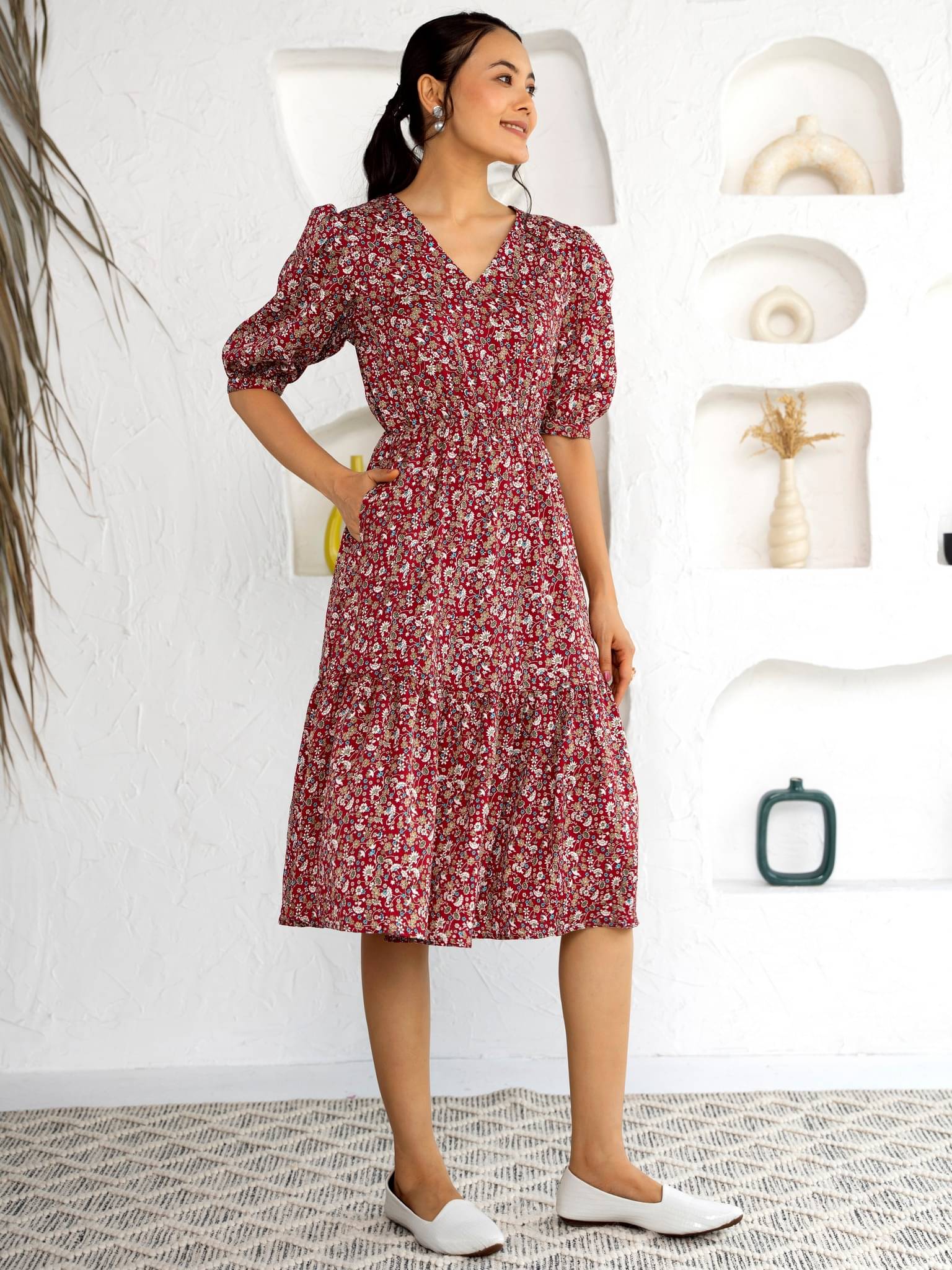     			aask Polyester Printed Midi Women's Fit & Flare Dress - Maroon ( Pack of 1 )