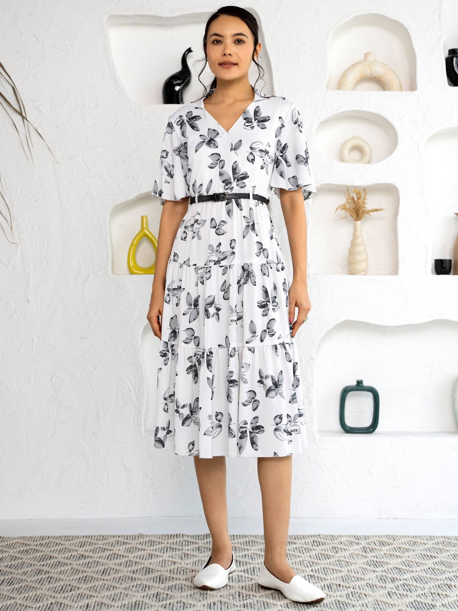     			aask Women Polyester Printed Fit & Flare Dress ( White )