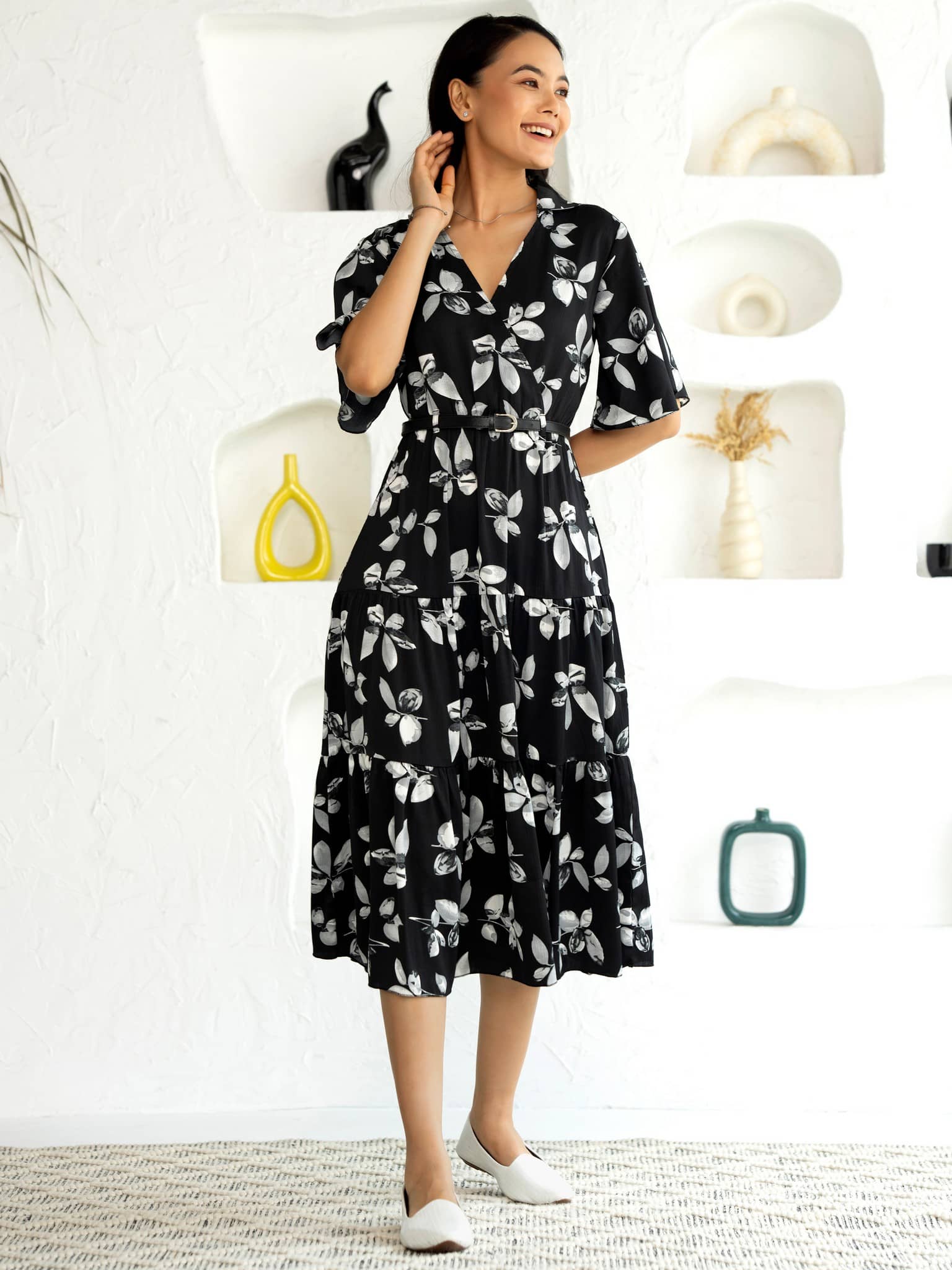 aask Women Polyester Printed Fit & Flare Dress ( Black )