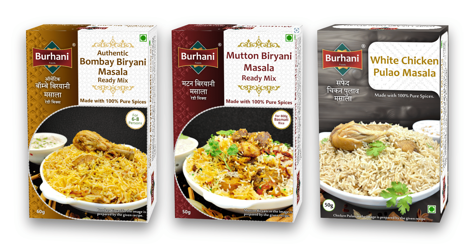 Burhani Foods Authentic Bombay Biryani Masala 60g | Mutton Biryani Masala 50g| White Chicken Pulao Masala 50g| Ready Mix Masala 50 gm Pack of 3 Burhani Foods Authentic Bombay Biryani Masala 60g | Mutton Biryani Masala 50g| White Chicken Pulao Masala 50g| Ready Mix Masala 50 gm Pack of 3