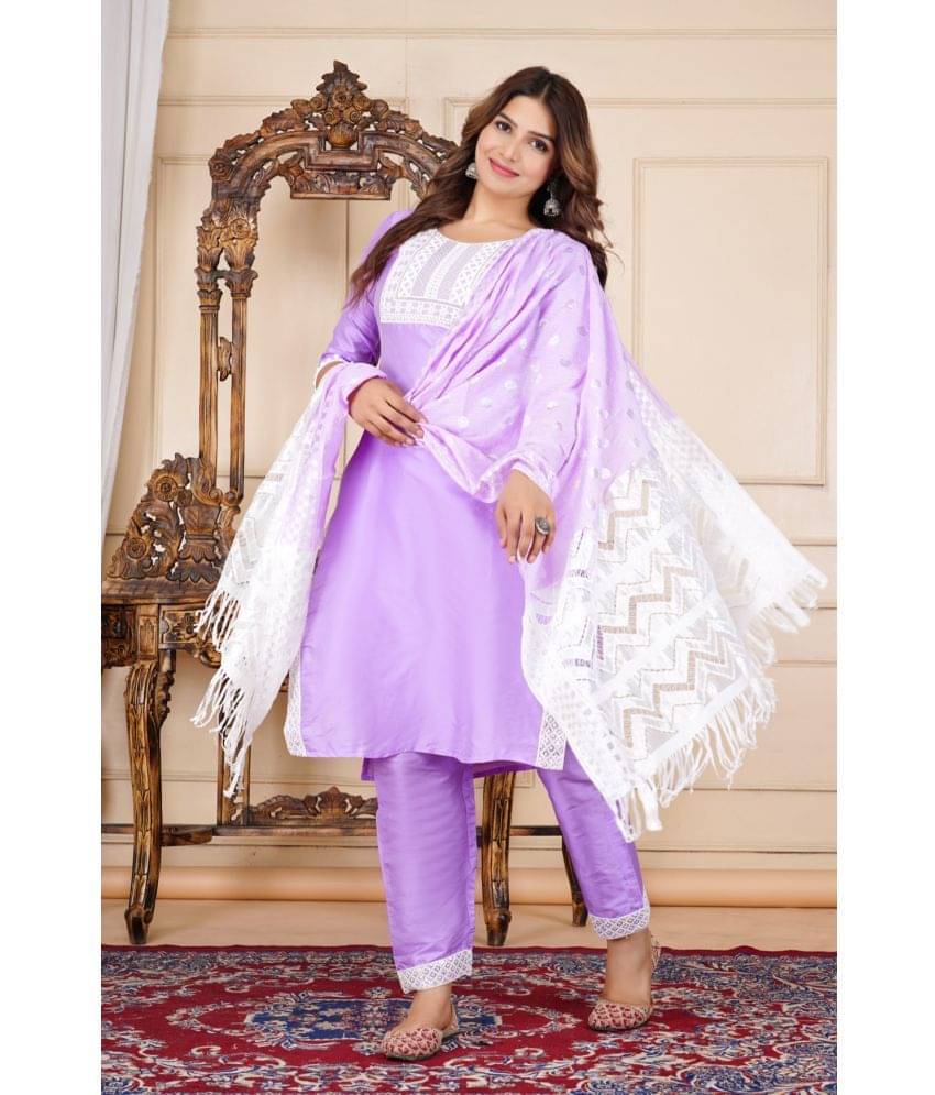 EXPORTHOUSE Silk Embroidered Kurti With Pants Women's Stitched Salwar Suit - Lavender ( Pack of 1 ) EXPORTHOUSE Silk Embroidered Kurti With Pants Women's Stitched Salwar Suit - Lavender ( Pack of 1 )