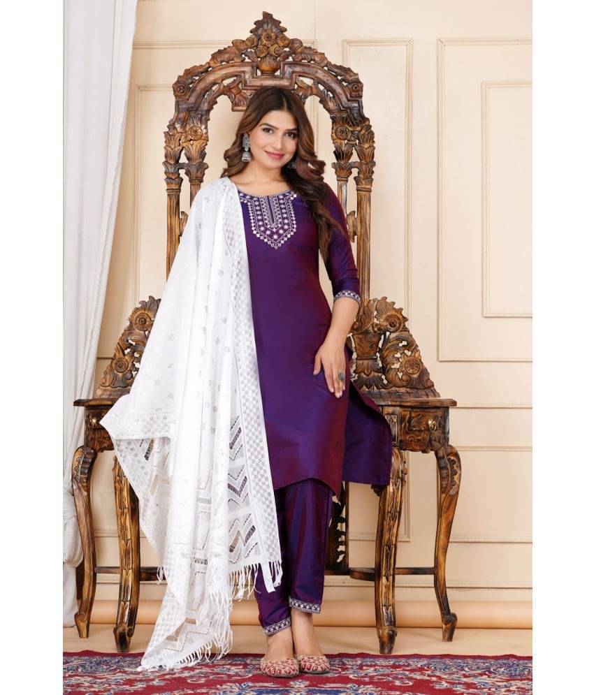EXPORTHOUSE Silk Embroidered Kurti With Pants Women's Stitched Salwar Suit - Wine ( Pack of 1 )     			EXPORTHOUSE Silk Embroidered Kurti With Pants Women's Stitched Salwar Suit - Wine ( Pack of 1 )