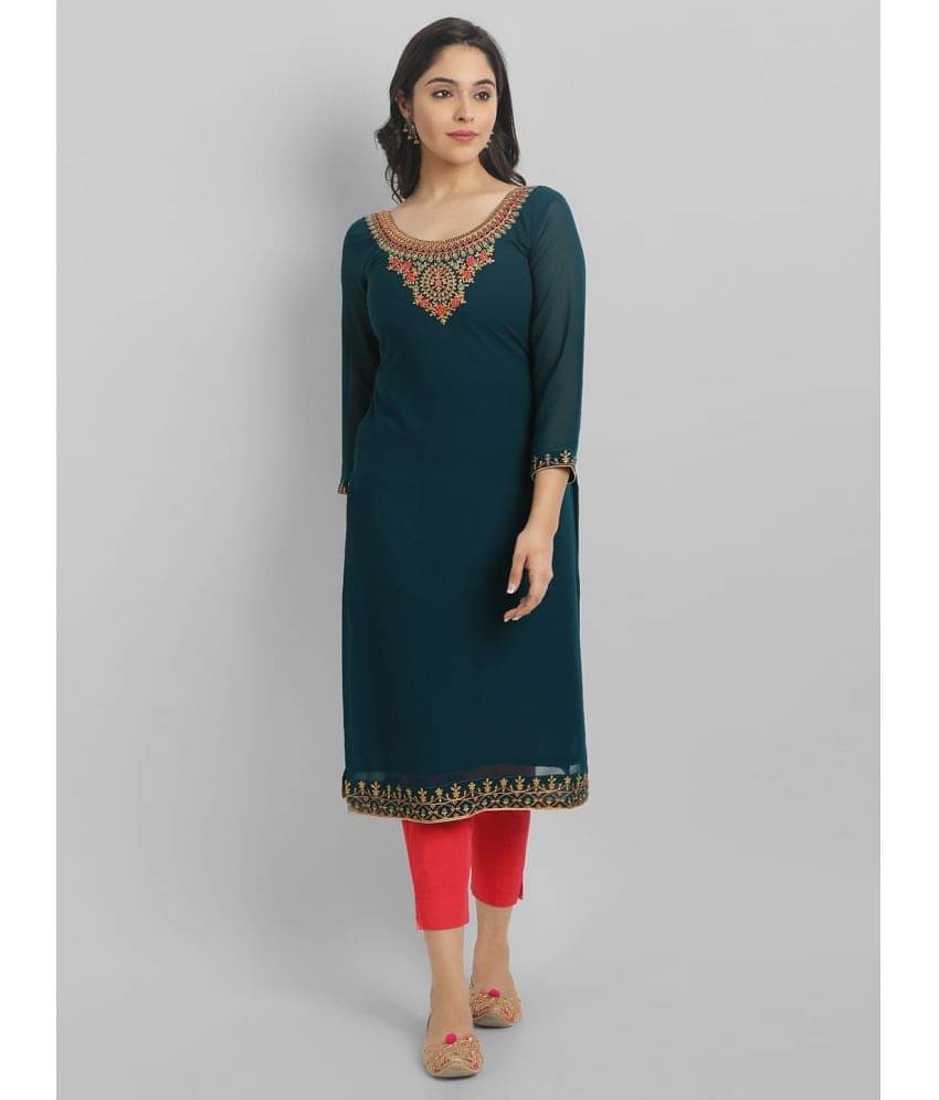     			Krunal Raiyani Georgette Embellished Straight Women's Kurti - Blue ( Pack of 1 )