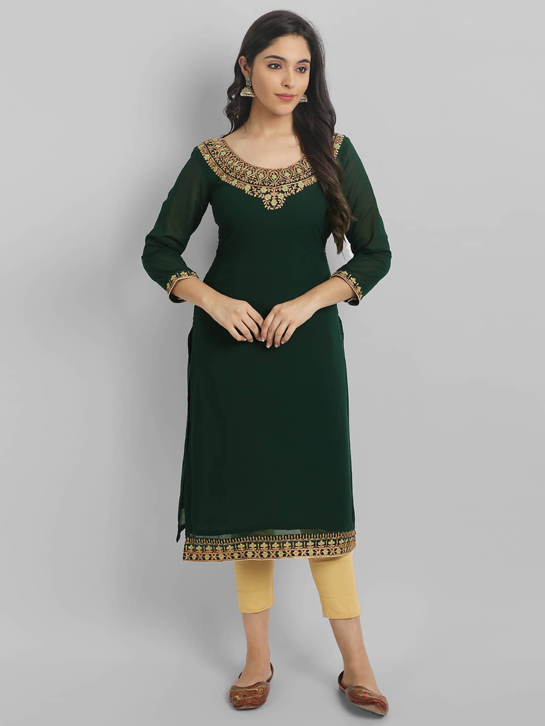 Krunal Raiyani Georgette Embellished Straight Women's Kurti - Green ( Pack of 1 )     			Krunal Raiyani Georgette Embellished Straight Women's Kurti - Green ( Pack of 1 )
