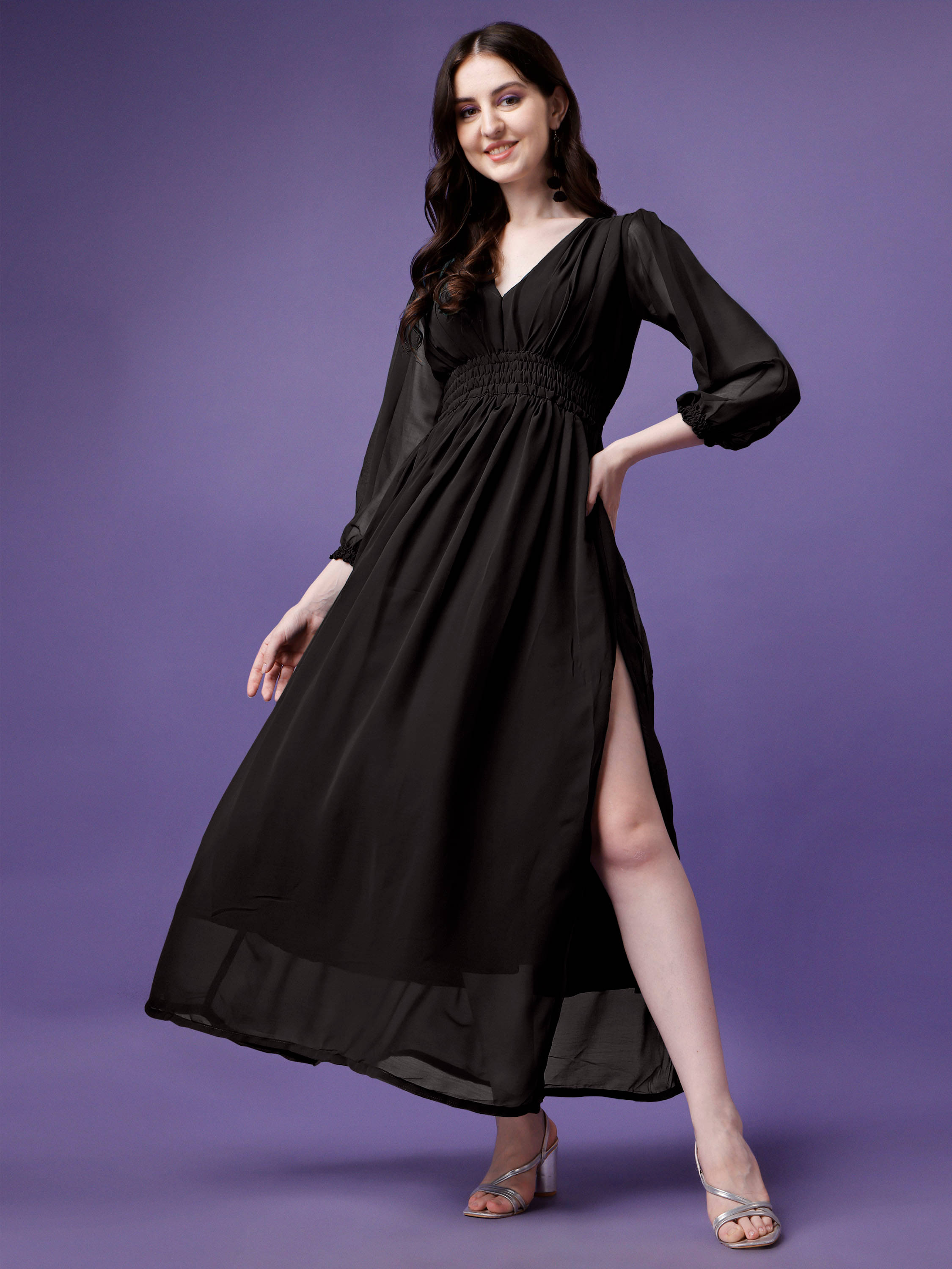 Krunal Raiyani Women Georgette Solid Side Slit Dress ( Black ) Krunal Raiyani Women Georgette Solid Side Slit Dress ( Black )