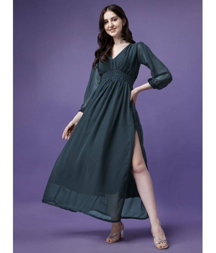 Krunal Raiyani Women Georgette Solid Side Slit Dress ( Blue ) Krunal Raiyani Women Georgette Solid Side Slit Dress ( Blue )
