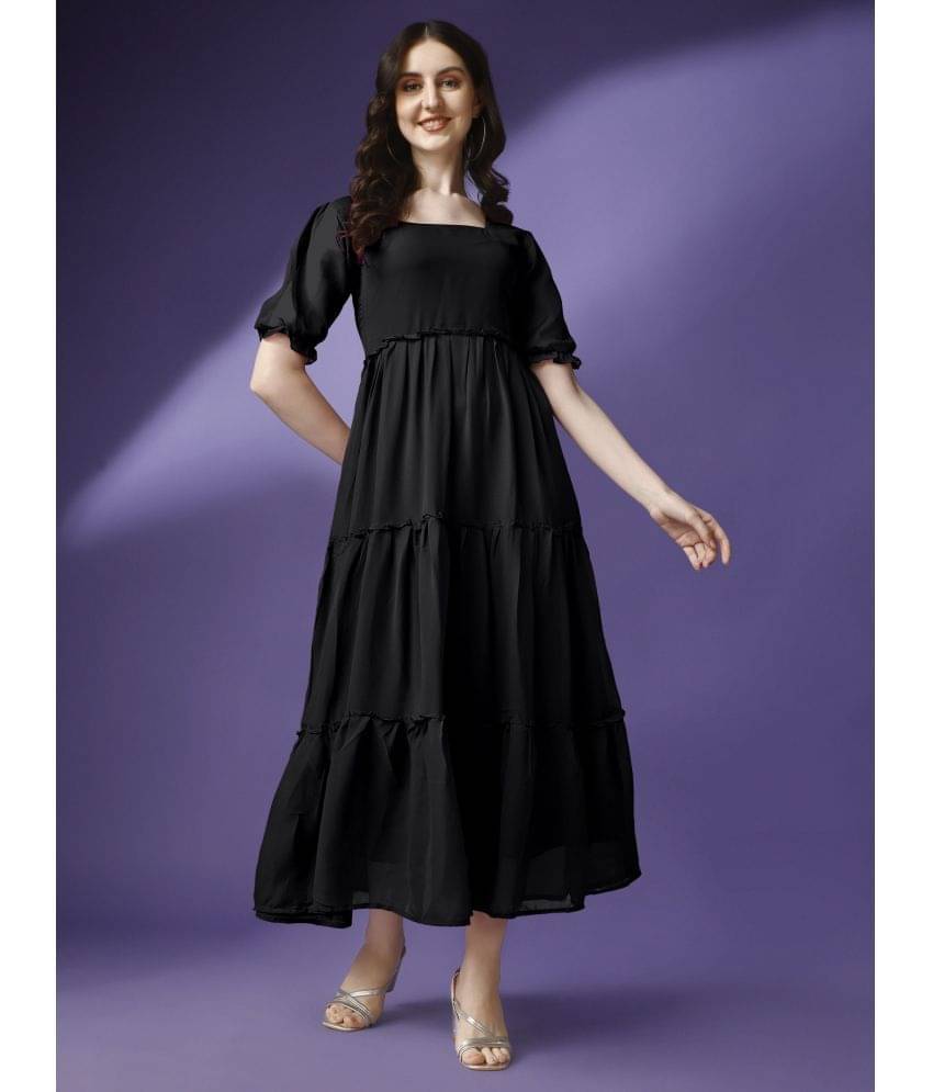     			Krunal Raiyani Women Georgette Solid Fit & Flare Dress ( Black )