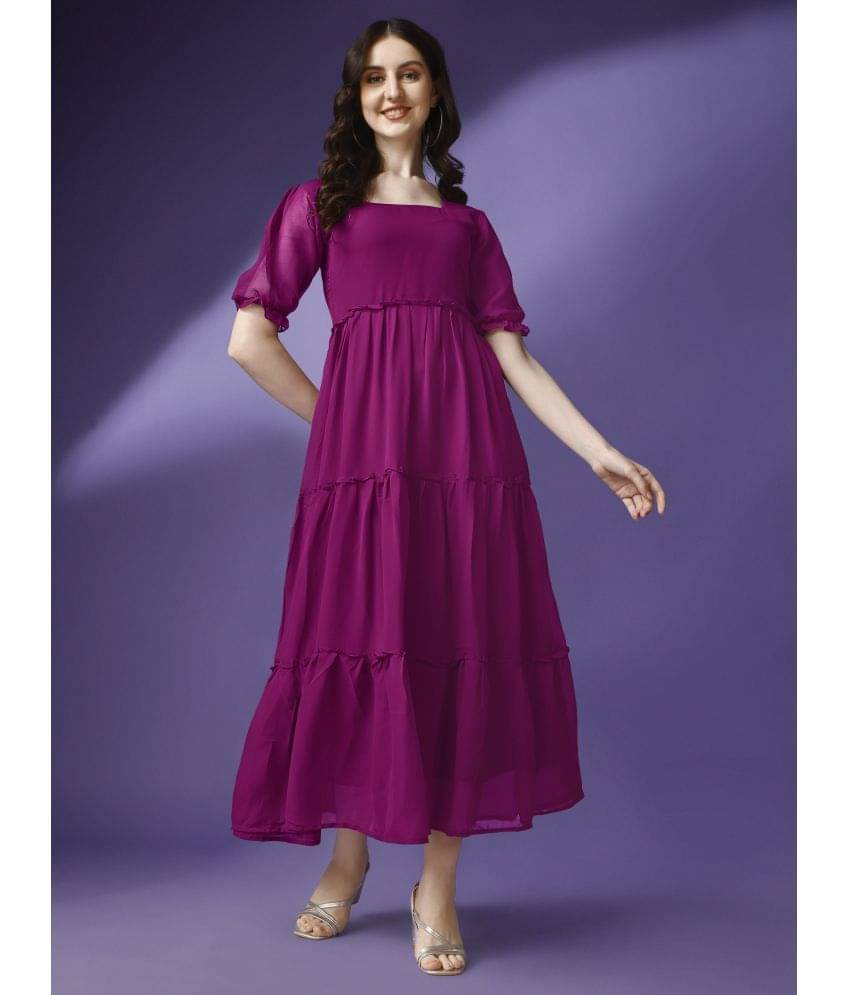 Krunal Raiyani Women Georgette Solid Fit & Flare Dress ( Purple ) Krunal Raiyani Women Georgette Solid Fit & Flare Dress ( Purple )
