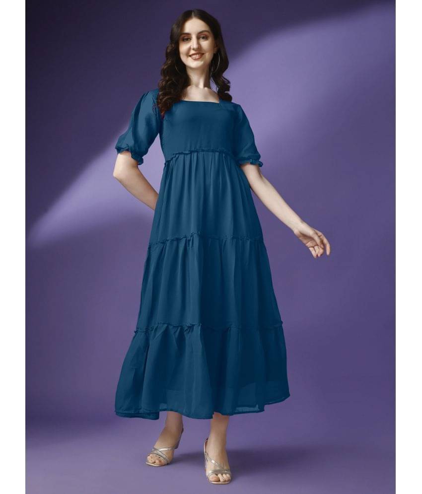 Krunal Raiyani Women Georgette Solid Fit & Flare Dress ( Blue ) Krunal Raiyani Women Georgette Solid Fit & Flare Dress ( Blue )