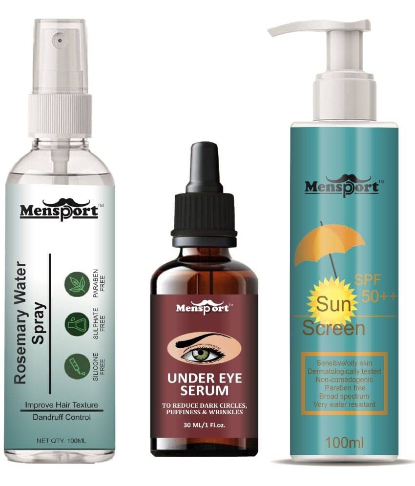 Mensport Rosemary Water | Hair Spray For Hair Regrowth 100ml, Under Eye Serum (Dark Circle Remover) 30ml & Sunscreen Cream with SPF 50++ 100ml - Set of 3 Items     			Mensport Rosemary Water | Hair Spray For Hair Regrowth 100ml, Under Eye Serum (Dark Circle Remover) 30ml & Sunscreen Cream with SPF 50++ 100ml - Set of 3 Items