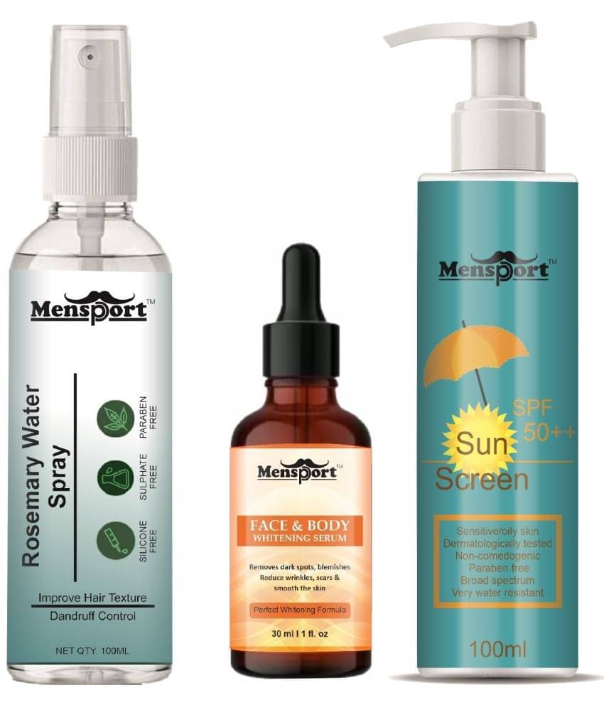 Mensport Rosemary Water | Hair Spray For Hair Regrowth 100ml, Face and Body Whitening Serum (Perfect Whitening Formula) 30ml & Sunscreen Cream with SPF 50++ 100ml - Set of 3 Items Mensport Rosemary Water | Hair Spray For Hair Regrowth 100ml, Face and Body Whitening Serum (Perfect Whitening Formula) 30ml & Sunscreen Cream with SPF 50++ 100ml - Set of 3 Items