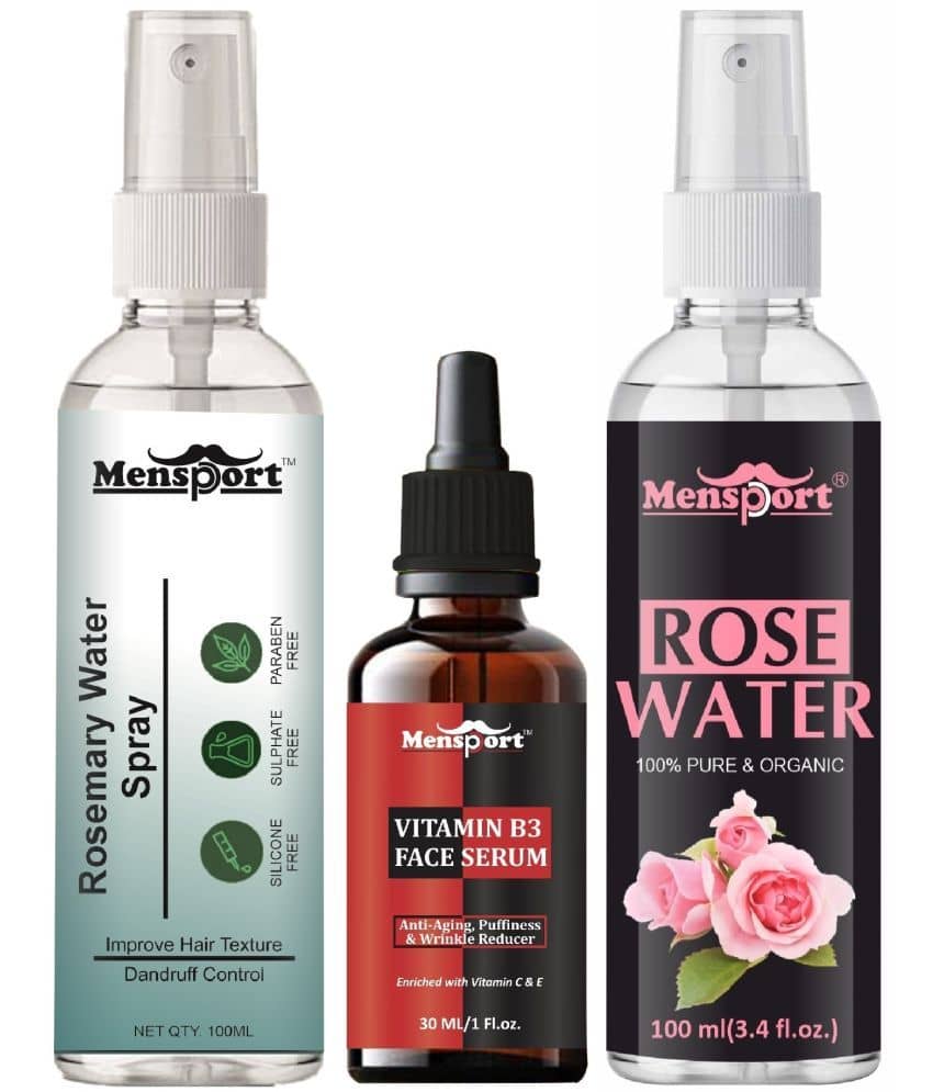 Mensport Rosemary Water | Hair Spray For Hair Regrowth 100ml, Vitamin B3 Face Serum Enriched with Vit C & E 30ml & Natural Rose Water 100ml - Set of 3 Items