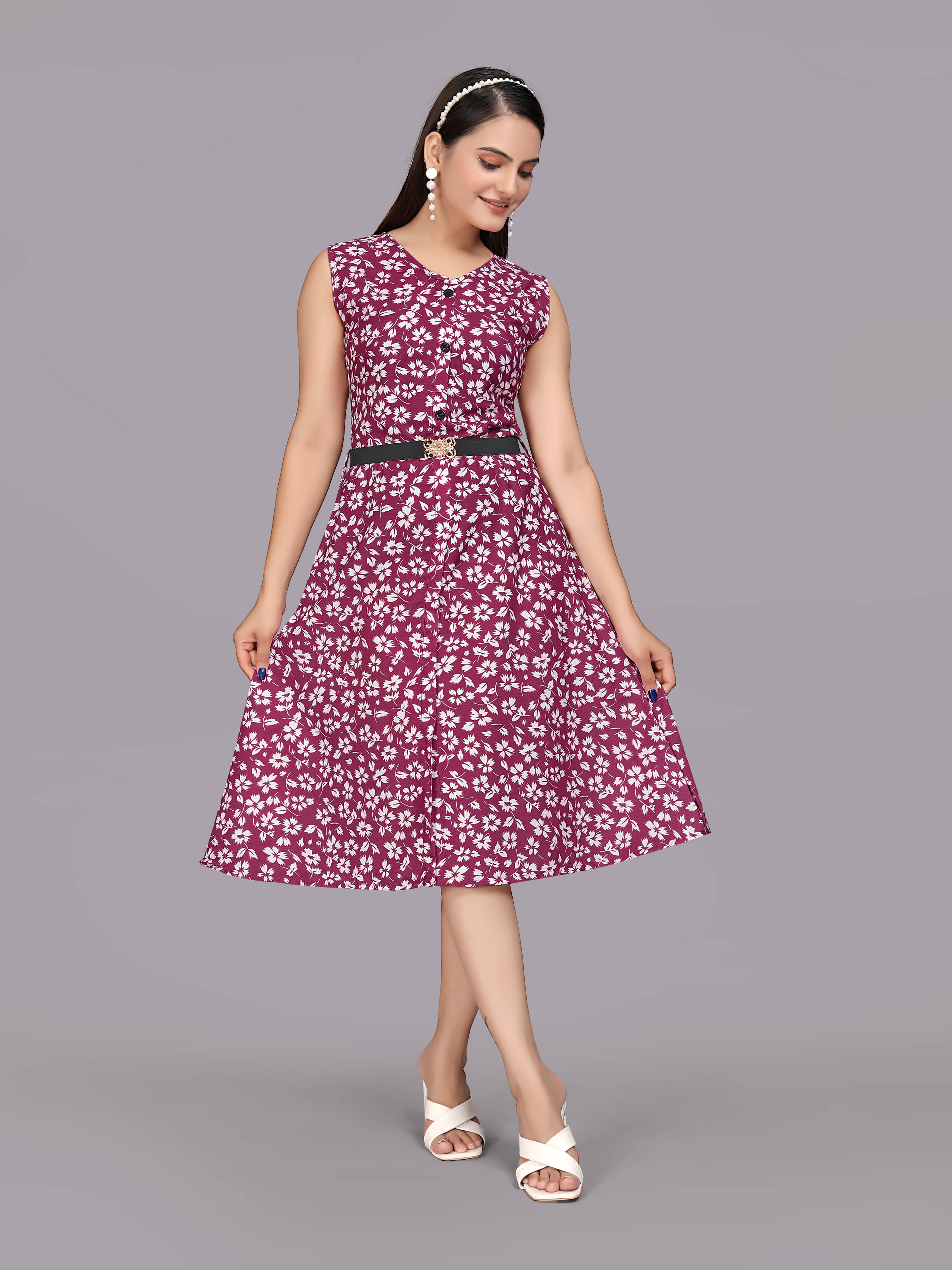     			Parnavi Women Rayon Printed A-line Dress ( Purple )