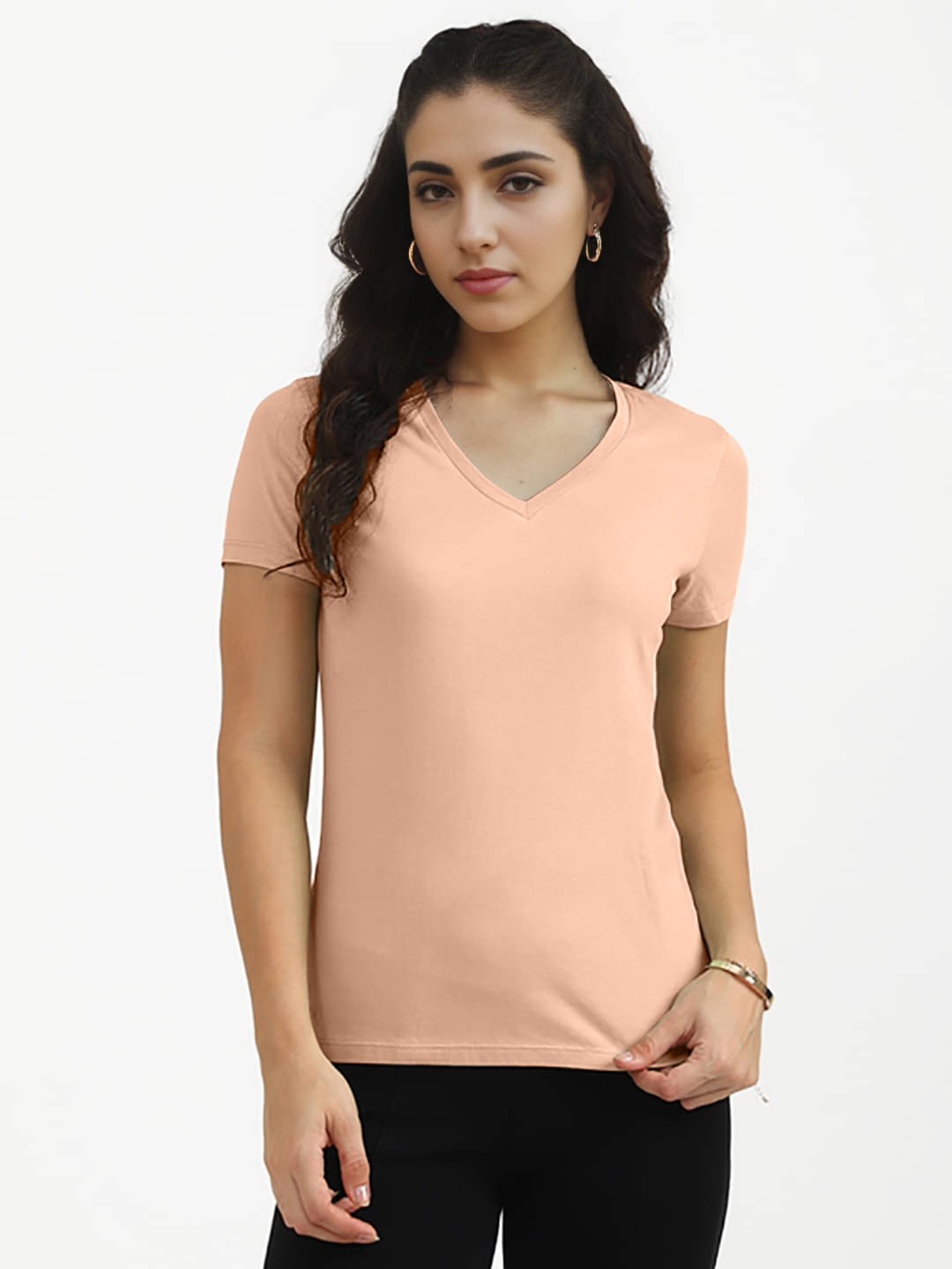 Radprix Women Cotton Blend Solid Regular Fit V-Neck T-Shirt ( Orange ) Radprix Women Cotton Blend Solid Regular Fit V-Neck T-Shirt ( Orange )
