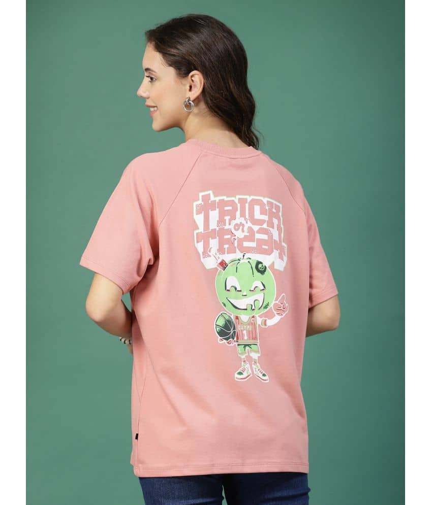 Rigo Women Cotton Printed Oversized Fit Round Neck T-Shirt ( Peach )