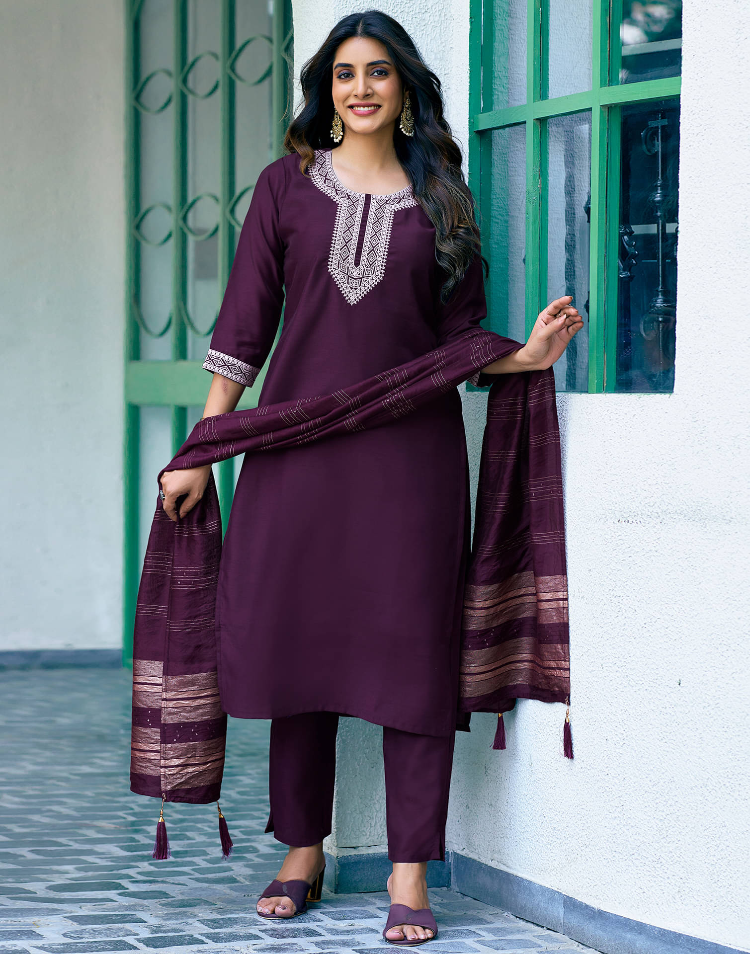     			Skylee Silk Blend Embroidered Kurti With Pants Women's Stitched Salwar Suit - Purple ( Pack of 1 )
