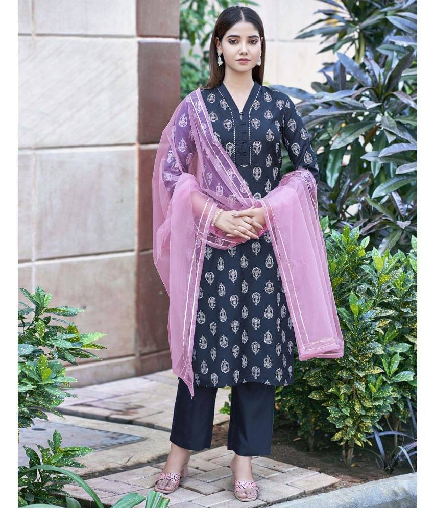 Skylee Silk Printed Kurti With Pants Women's Stitched Salwar Suit - Blue ( Pack of 1 ) Skylee Silk Printed Kurti With Pants Women's Stitched Salwar Suit - Blue ( Pack of 1 )