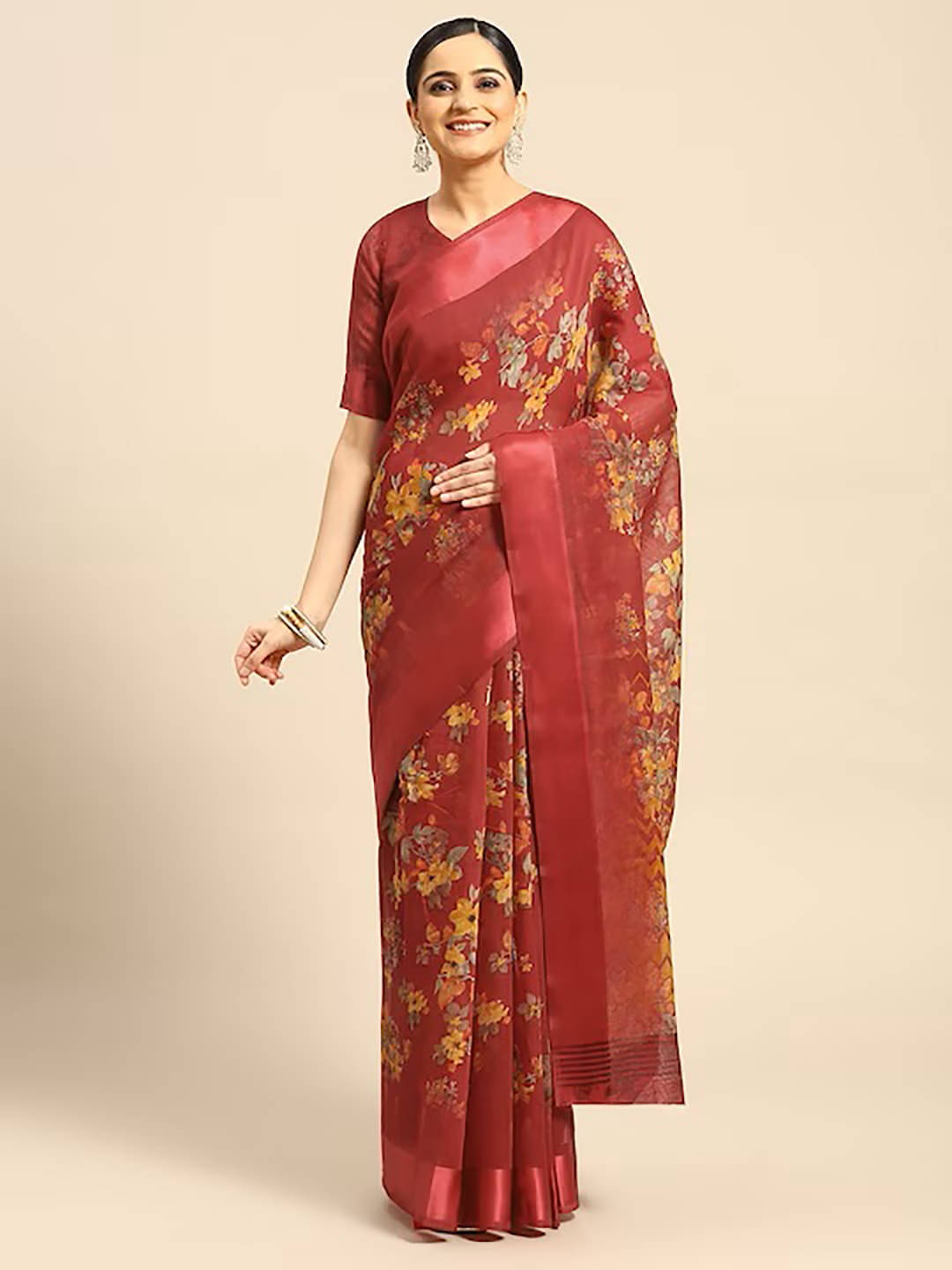     			Vaamsi Cotton Blend Printed Saree With Unstitched Blouse Piece ( Red )