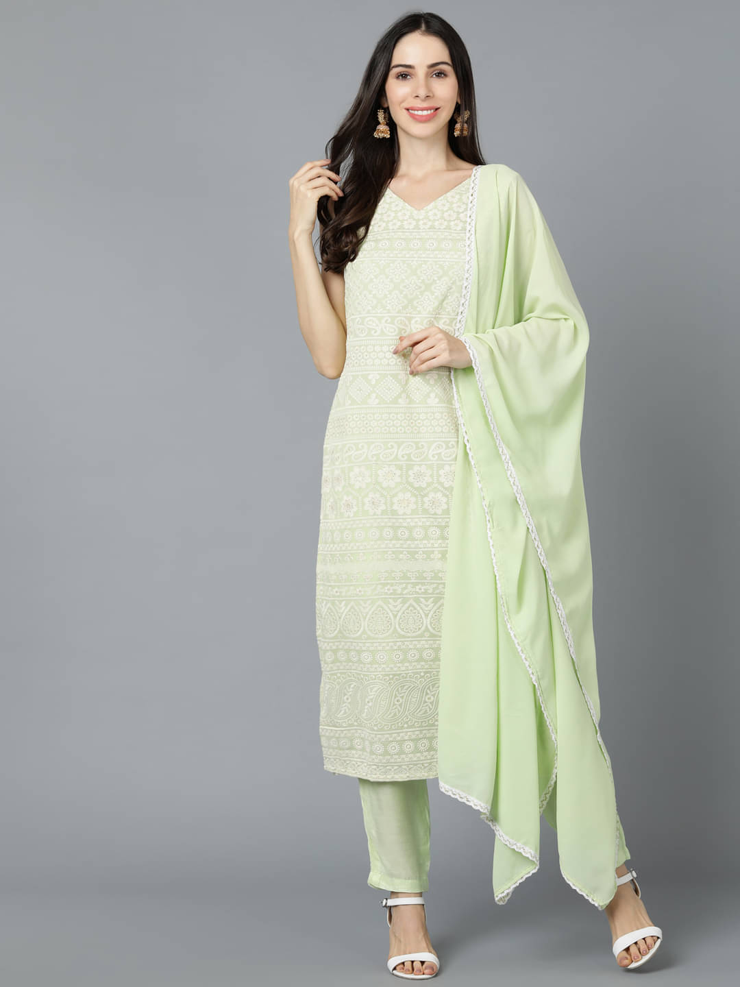     			Vaamsi Georgette Embroidered Kurti With Pants Women's Stitched Salwar Suit - Green ( Pack of 1 )