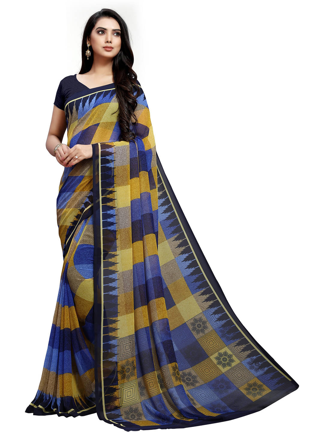     			Vaamsi Georgette Printed Saree With Unstitched Blouse Piece ( Yellow )