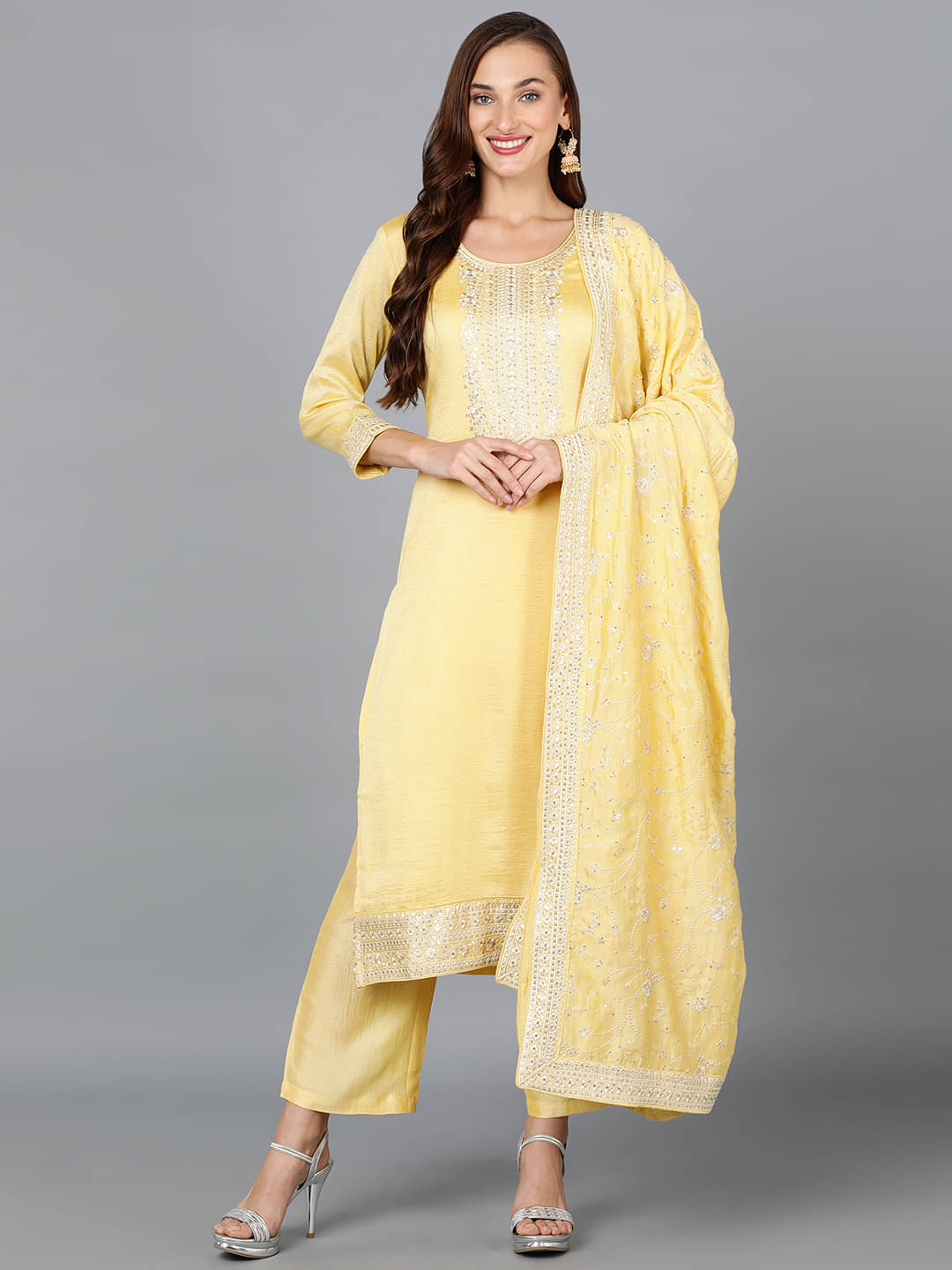 Vaamsi Silk Blend Embroidered Kurti With Pants Women's Stitched Salwar Suit - Yellow ( Pack of 1 )     			Vaamsi Silk Blend Embroidered Kurti With Pants Women's Stitched Salwar Suit - Yellow ( Pack of 1 )