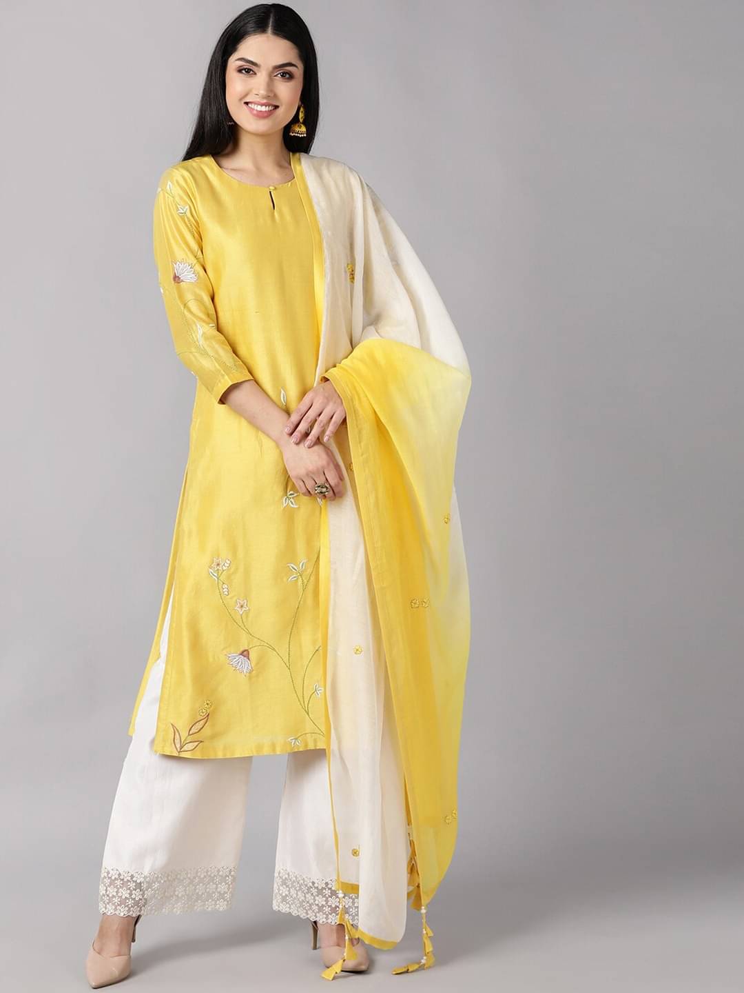     			Vaamsi Silk Blend Embroidered Kurti With Palazzo Women's Stitched Salwar Suit - Yellow ( Pack of 1 )
