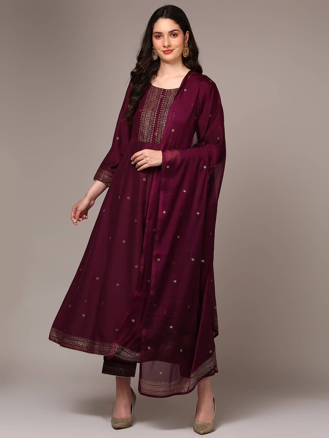     			Vaamsi Silk Blend Printed Kurti With Pants Women's Stitched Salwar Suit - Burgundy ( Pack of 1 )