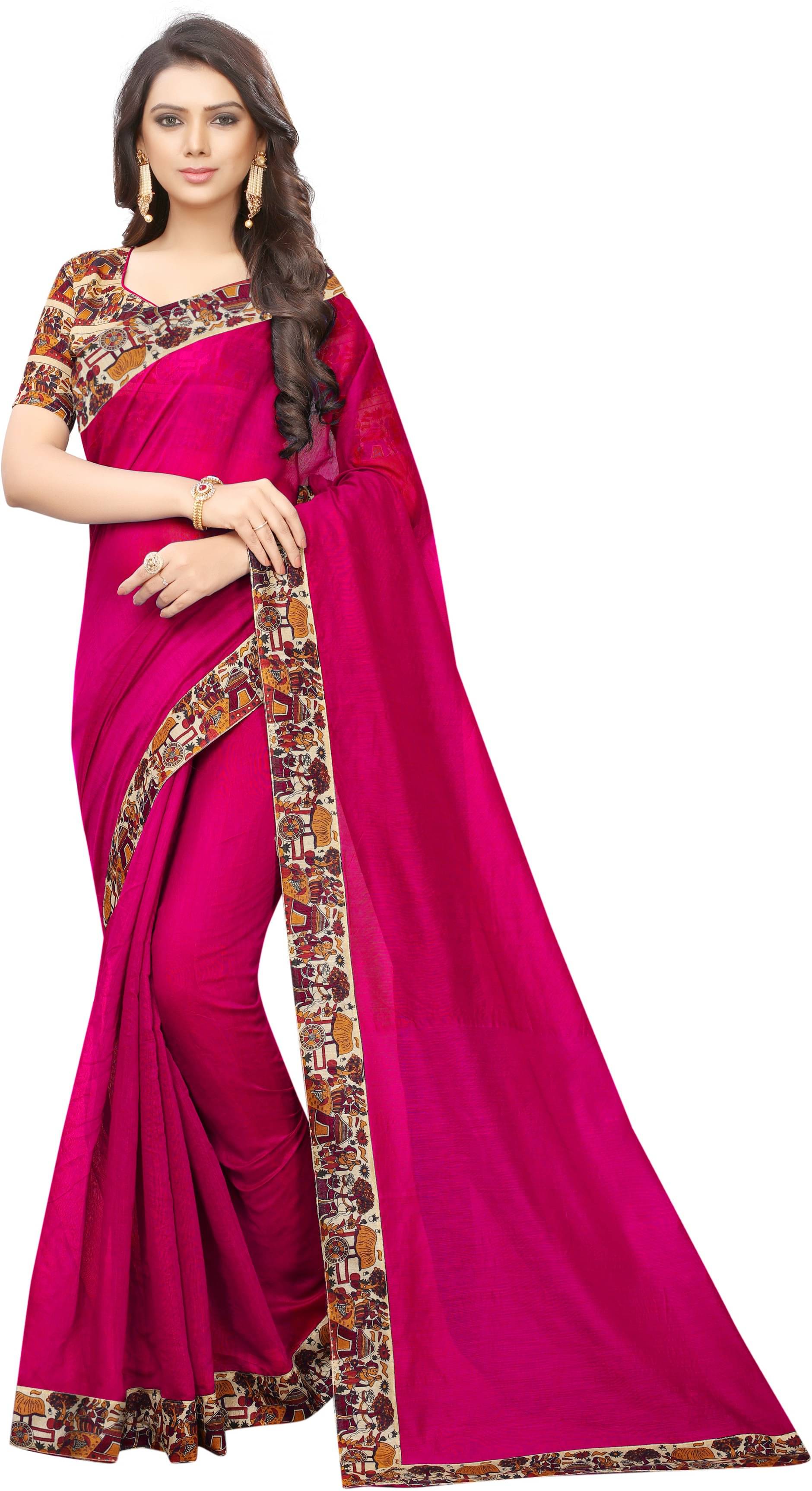     			Vkaran Cotton Silk Printed Saree Without Blouse Piece ( Pink )