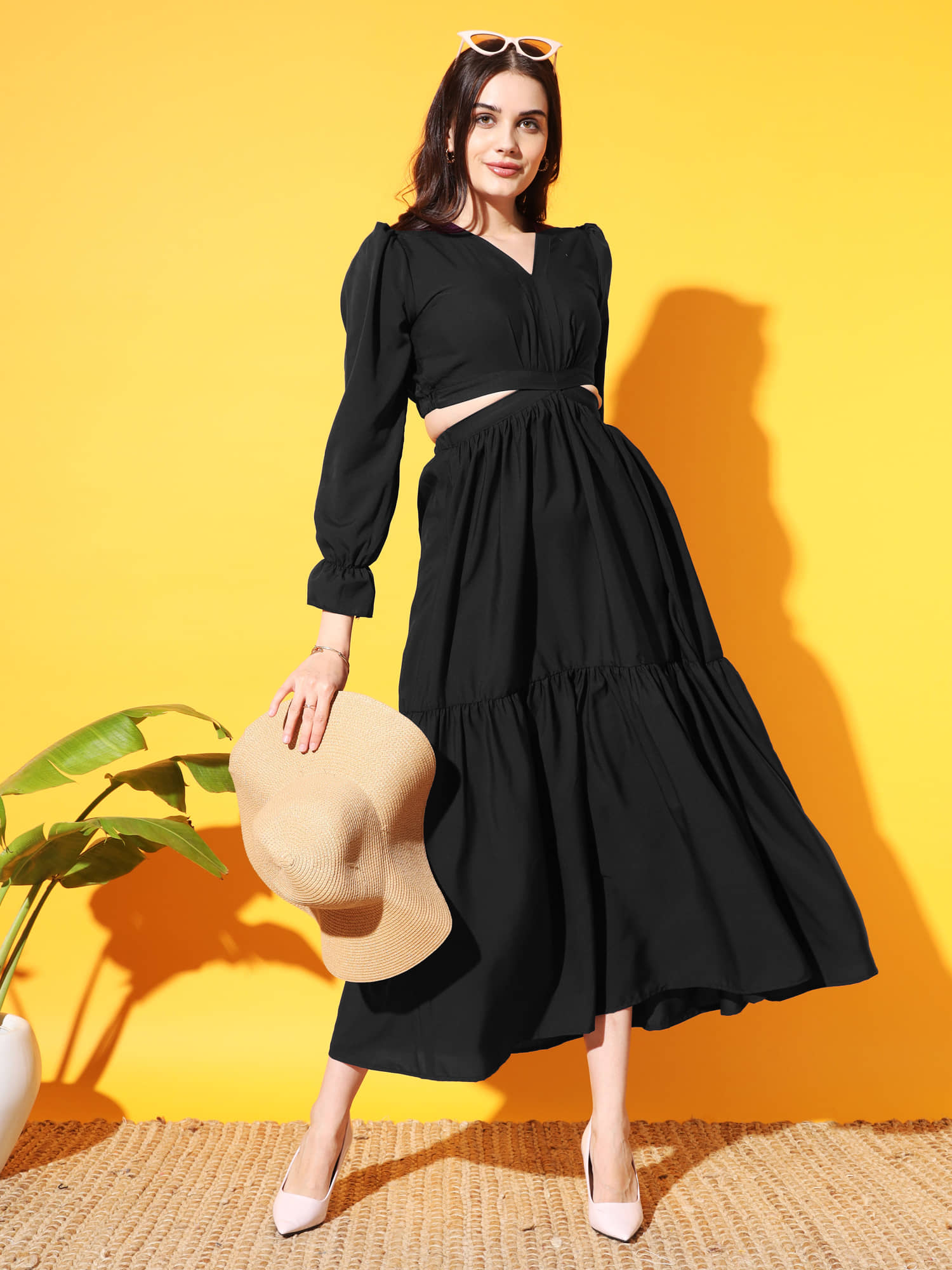 ZWERLON Women Crepe Solid Cut Out Dress ( Mustard )