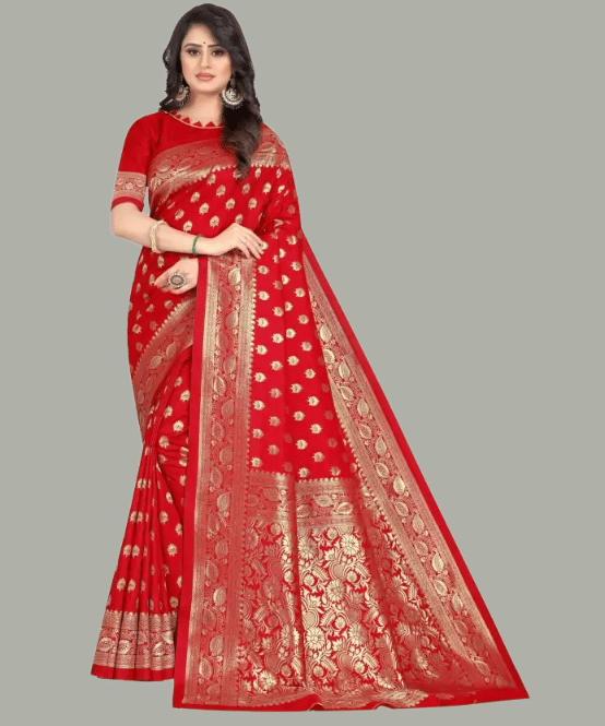 GARIYA Banarasi Silk Woven Saree With Unstitched Blouse Piece ( Red ) - Sarees | Buy online on ZillyBuy