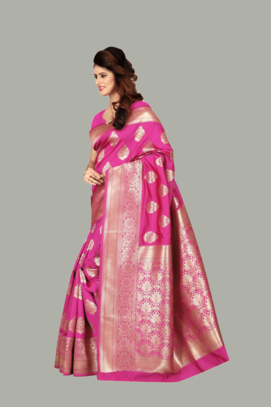 GARIYA Banarasi Silk Woven Saree With Unstitched Blouse Piece ( Rani ) GARIYA Banarasi Silk Woven Saree With Unstitched Blouse Piece ( Rani )