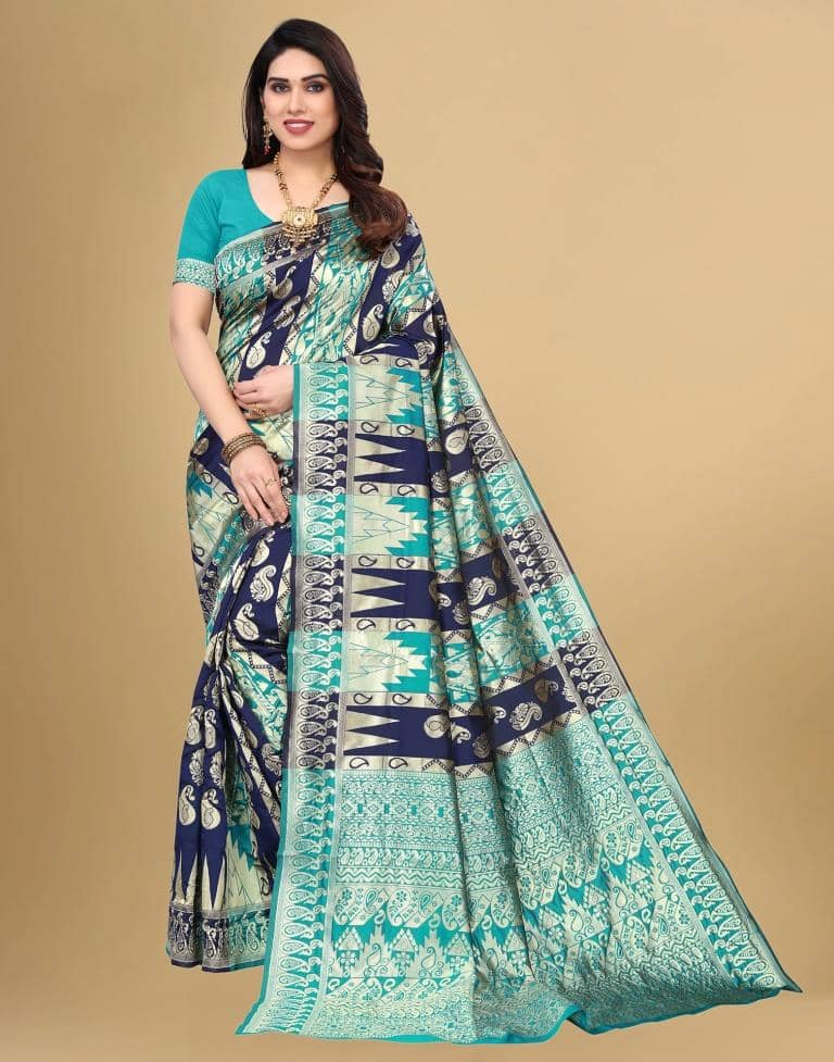 GARIYA Kanjivaram Self Design Saree With Unstitched Blouse Piece ( Rama ) - Sarees | Buy online on ZillyBuy