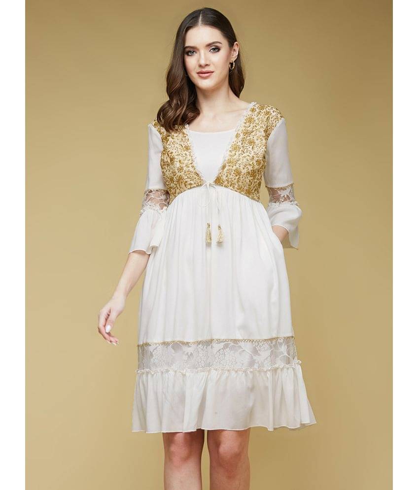     			Life with Pockets Women Rayon Printed Fit & Flare Dress ( Off White )