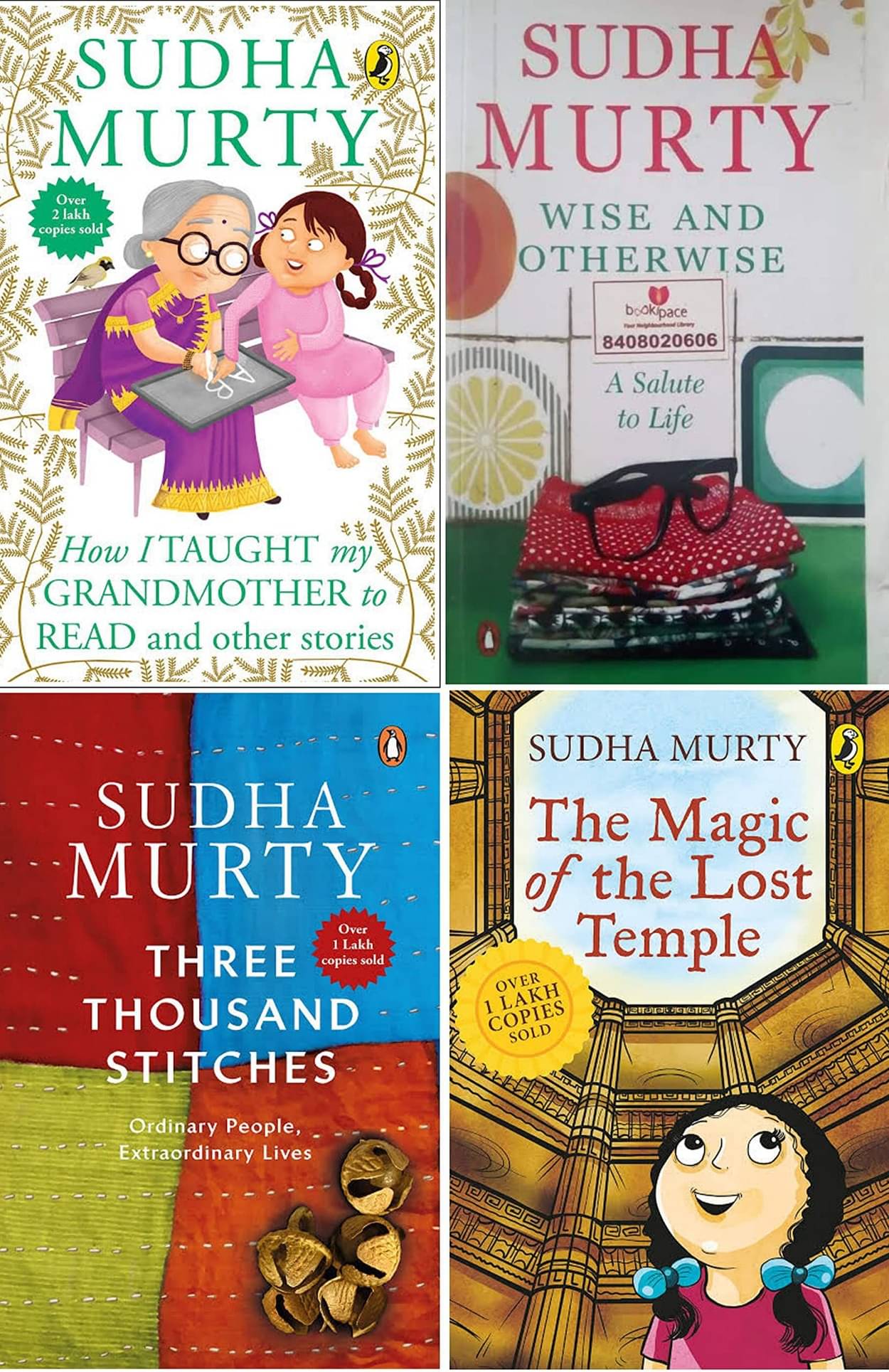 Sudha Murty 4 Books Combo: Wise and Otherwise + The Magic of lost Temple + How i taught my grandmother to read + Three THAUSAND STICHES Sudha Murty 4 Books Combo: Wise and Otherwise + The Magic of lost Temple + How i taught my grandmother to read + Three THAUSAND STICHES
