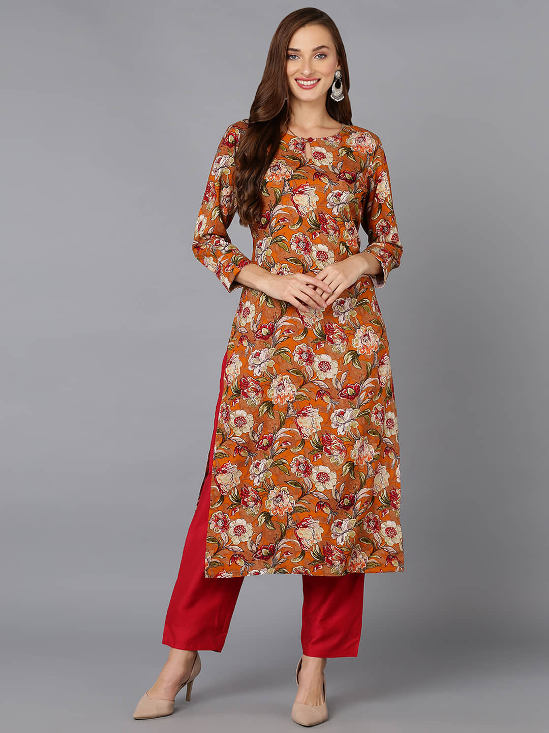 Vaamsi Viscose Printed Straight Women's Kurti - Orange ( Pack of 1 ) - Kurtis, Tunics | Buy online on ZillyBuy