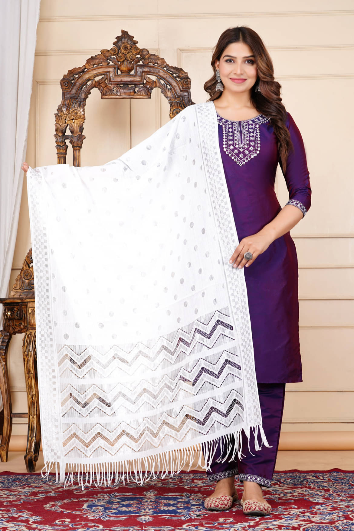     			EXPORTHOUSE Silk Blend Embroidered Kurti With Pants Women's Stitched Salwar Suit - Wine ( Pack of 1 )