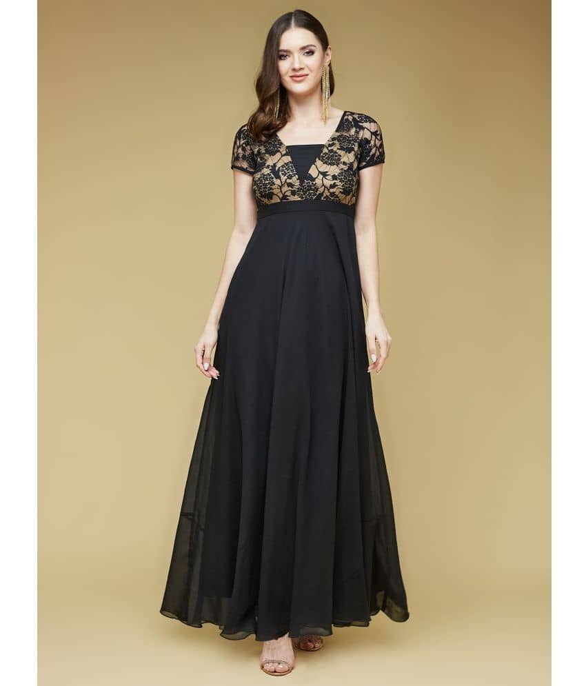 Life with Pockets Women Georgette Printed Fit & Flare Dress ( Black )