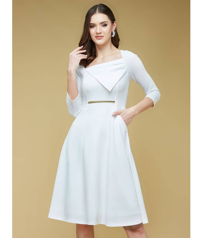 Life with Pockets Women Polyester Solid Fit & Flare Dress ( Off White )