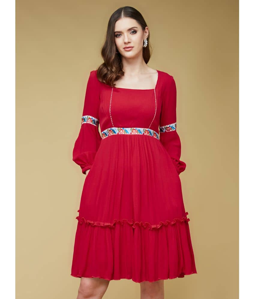 Life with Pockets Women Rayon Printed Fit & Flare Dress ( Red )