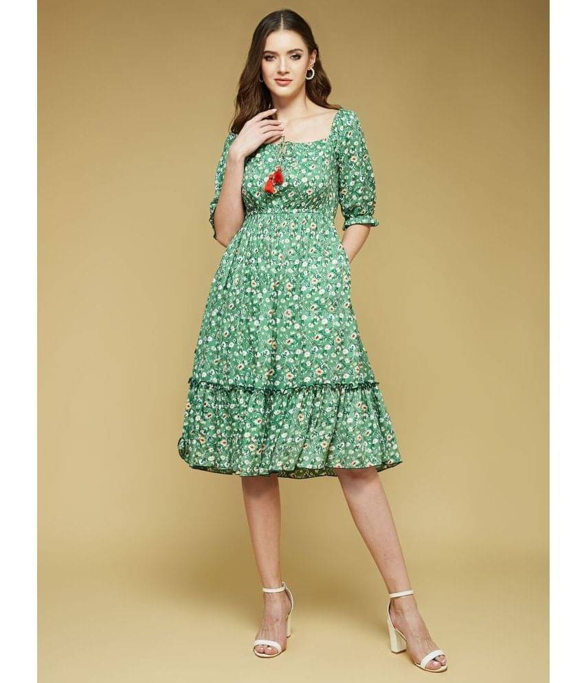 Life with Pockets Women Rayon Printed Fit & Flare Dress ( Green ) Life with Pockets Women Rayon Printed Fit & Flare Dress ( Green )