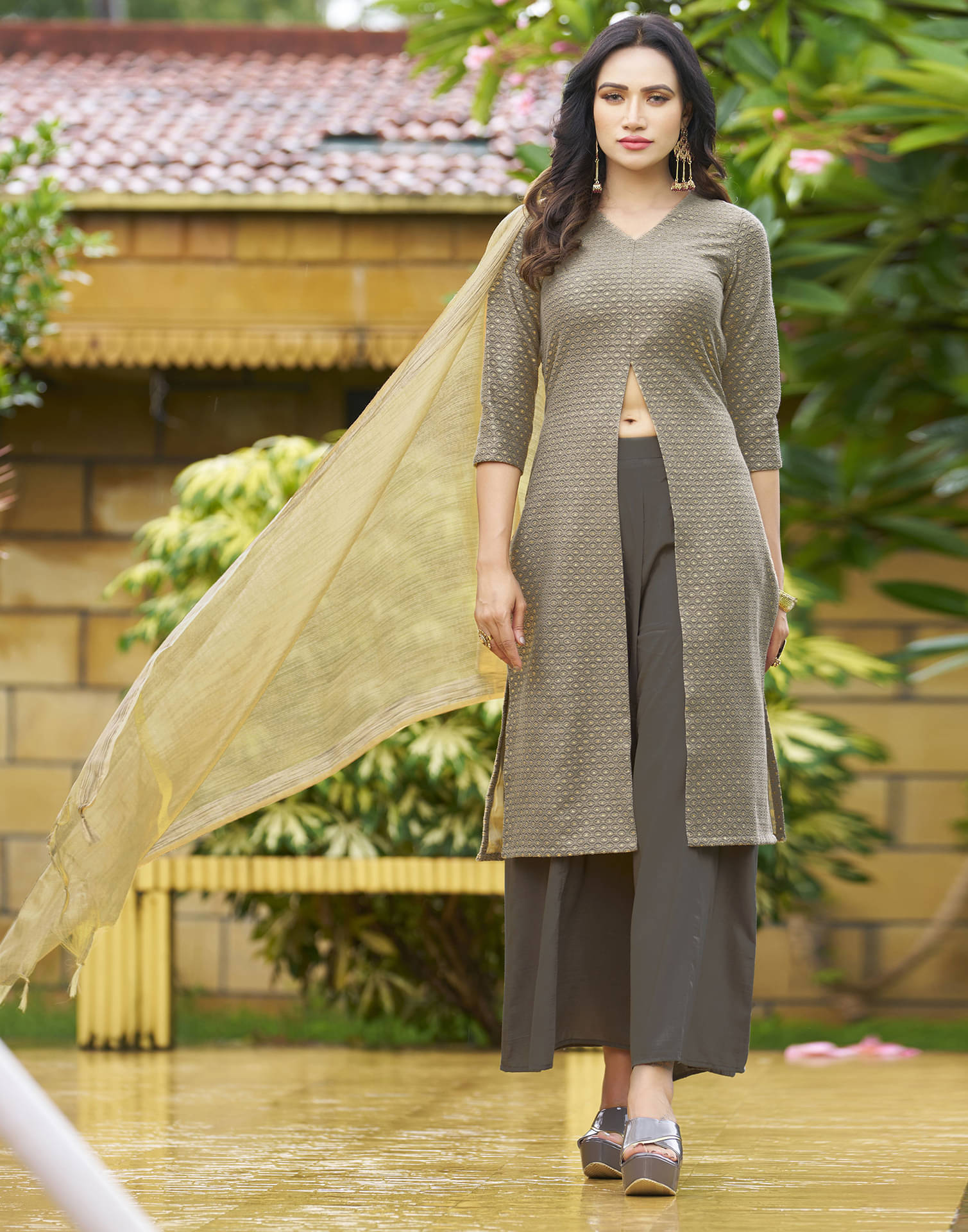     			Skylee Brocade Self Design Kurti With Pants Women's Stitched Salwar Suit - Beige ( Pack of 1 )
