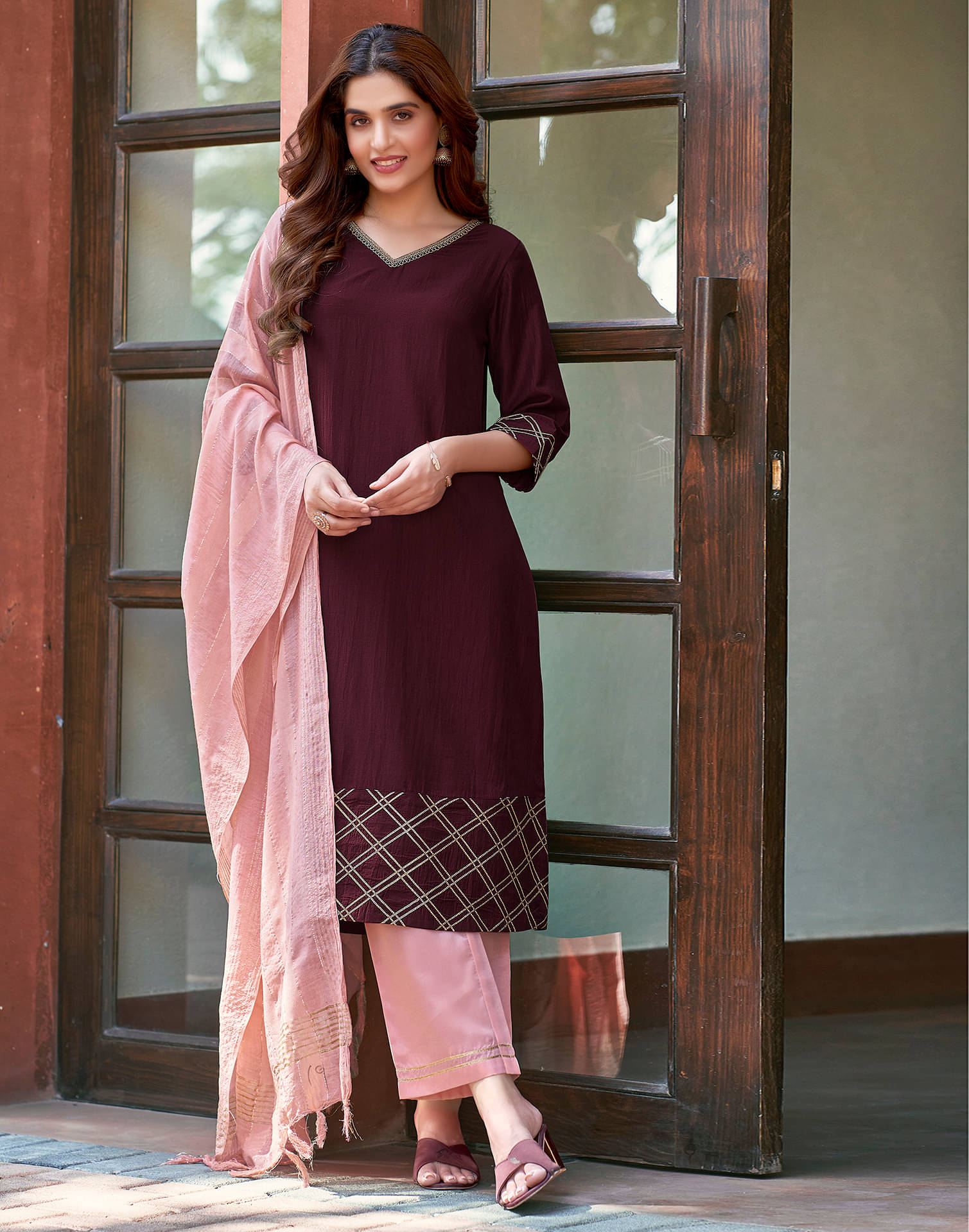 Skylee Chiffon Embellished Kurti With Pants Women's Stitched Salwar Suit - Maroon ( Pack of 1 ) Skylee Chiffon Embellished Kurti With Pants Women's Stitched Salwar Suit - Maroon ( Pack of 1 )