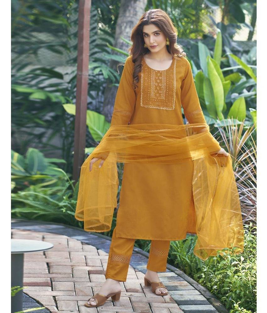 Skylee Chiffon Embroidered Kurti With Pants Women's Stitched Salwar Suit - Yellow ( Pack of 1 ) Skylee Chiffon Embroidered Kurti With Pants Women's Stitched Salwar Suit - Yellow ( Pack of 1 )