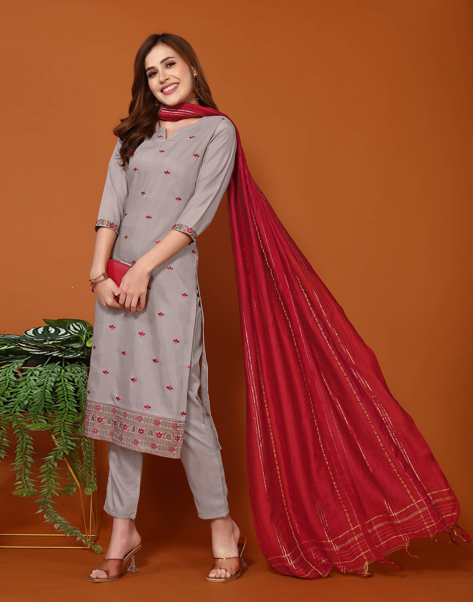     			Skylee Chiffon Embroidered Kurti With Pants Women's Stitched Salwar Suit - Brown ( Pack of 1 )
