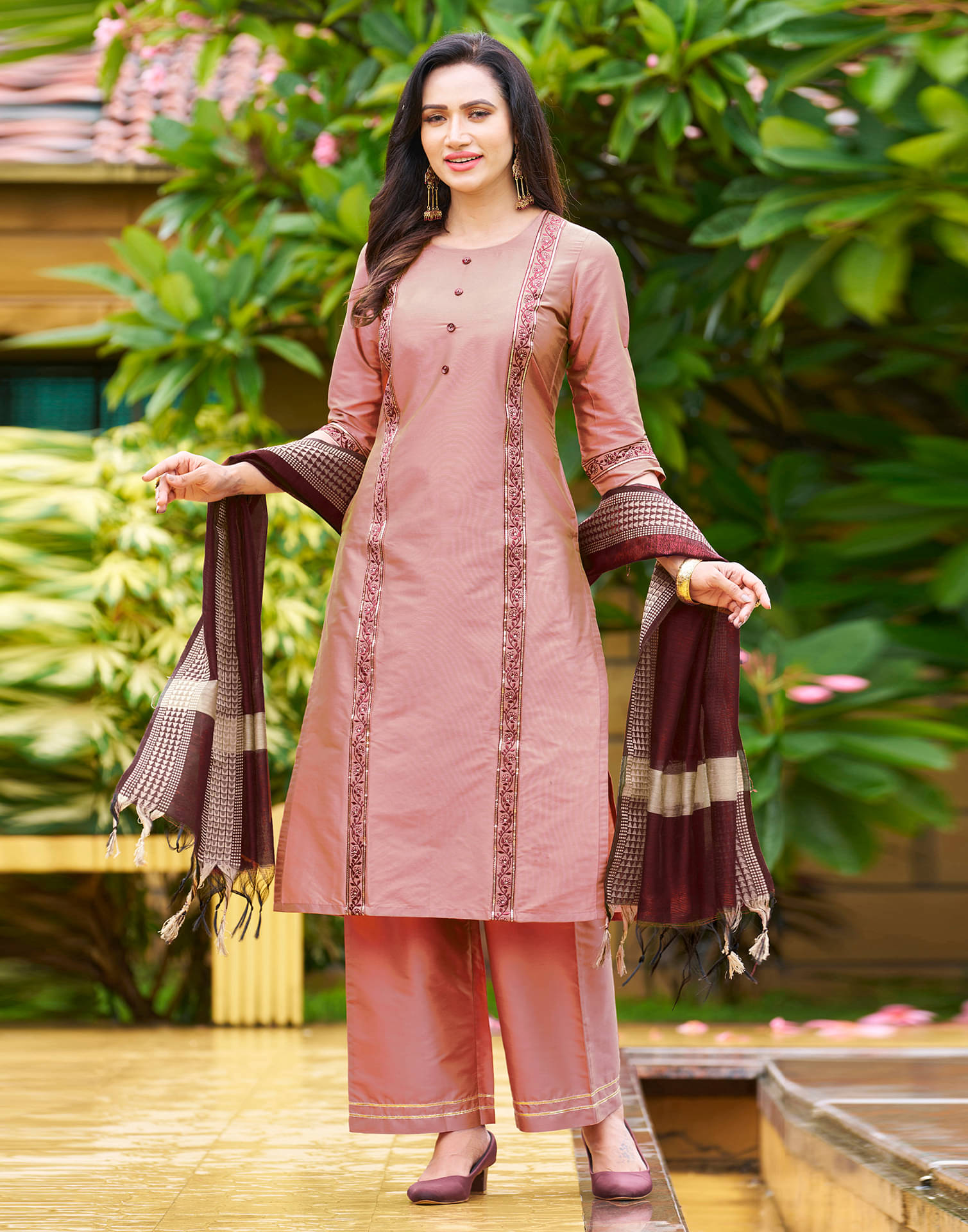     			Skylee Chiffon Embroidered Kurti With Pants Women's Stitched Salwar Suit - Peach ( Pack of 1 )