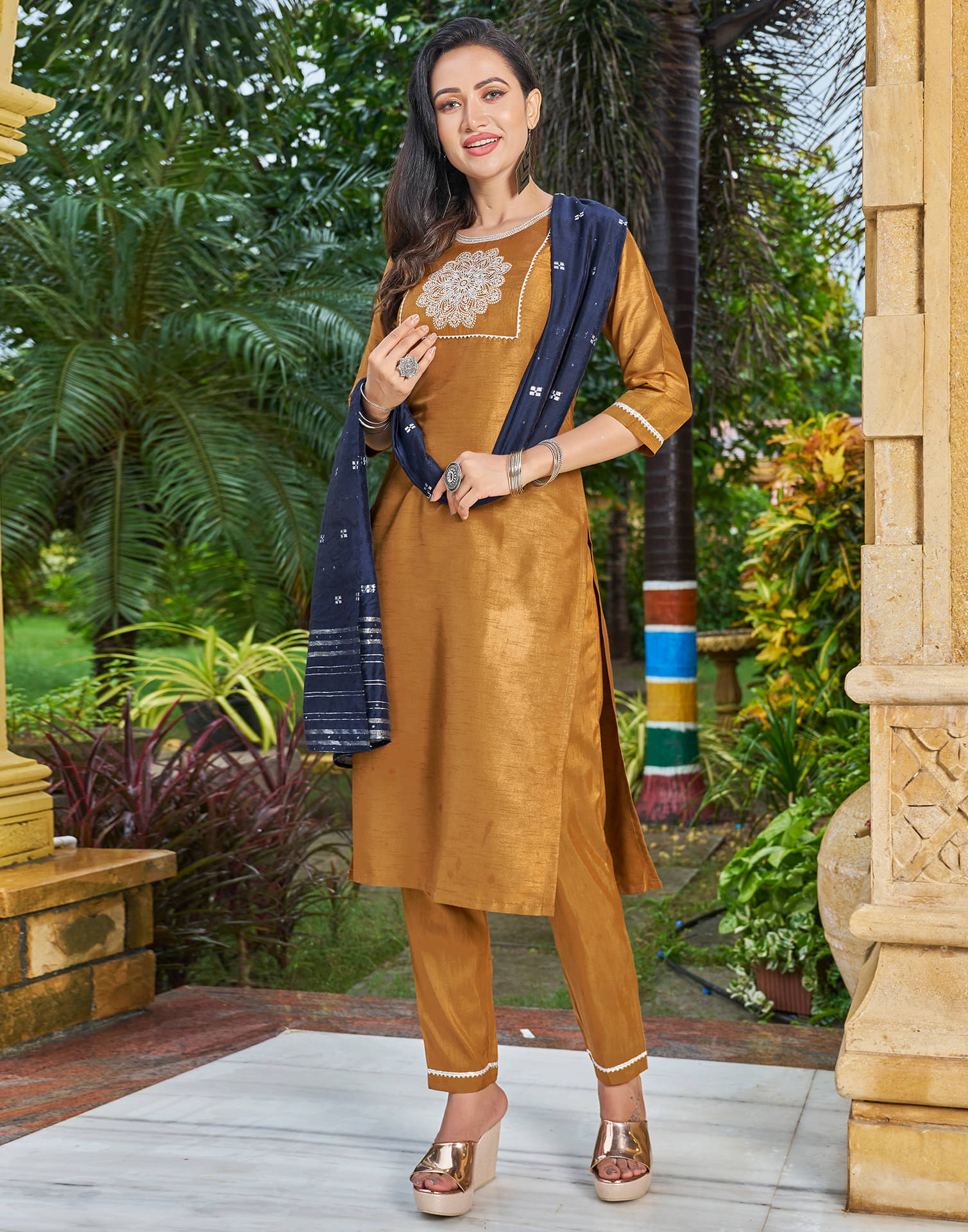     			Skylee Chiffon Embroidered Kurti With Pants Women's Stitched Salwar Suit - Mustard ( Pack of 1 )