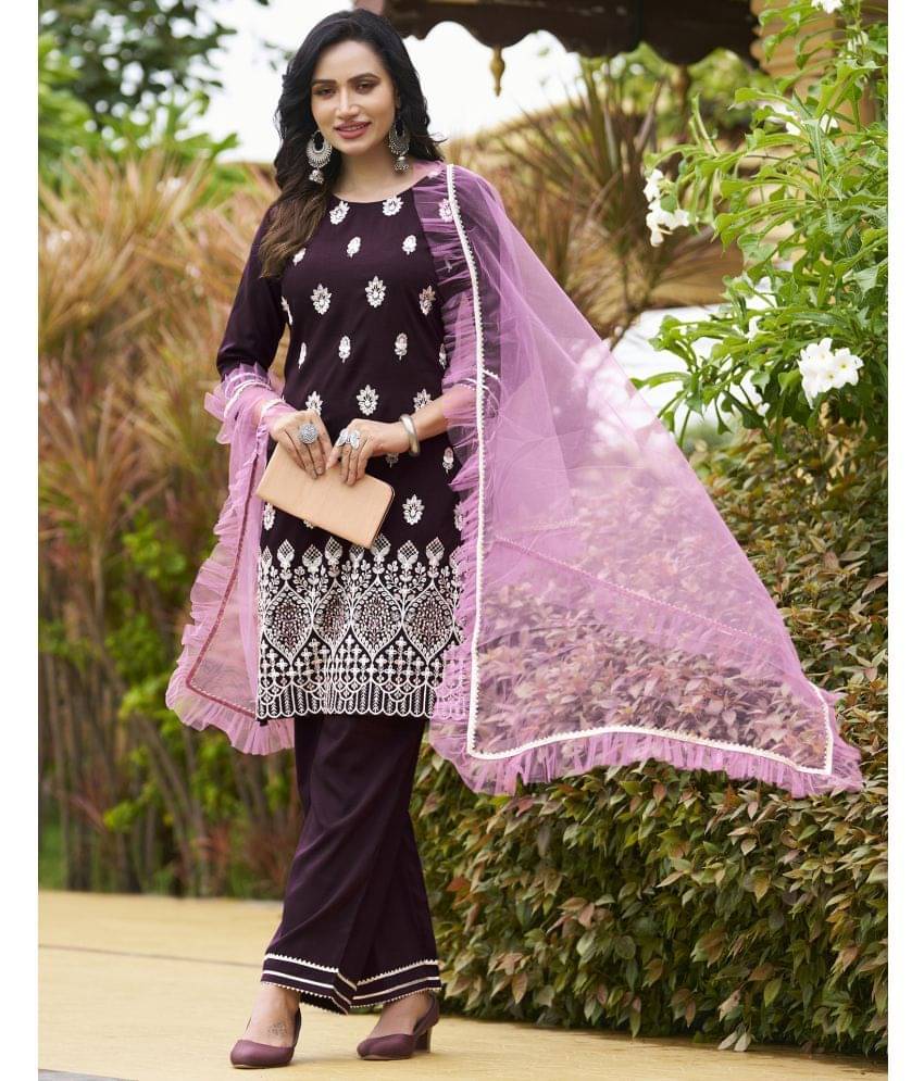 Skylee Chiffon Embroidered Kurti With Pants Women's Stitched Salwar Suit - Wine ( Pack of 1 ) Skylee Chiffon Embroidered Kurti With Pants Women's Stitched Salwar Suit - Wine ( Pack of 1 )
