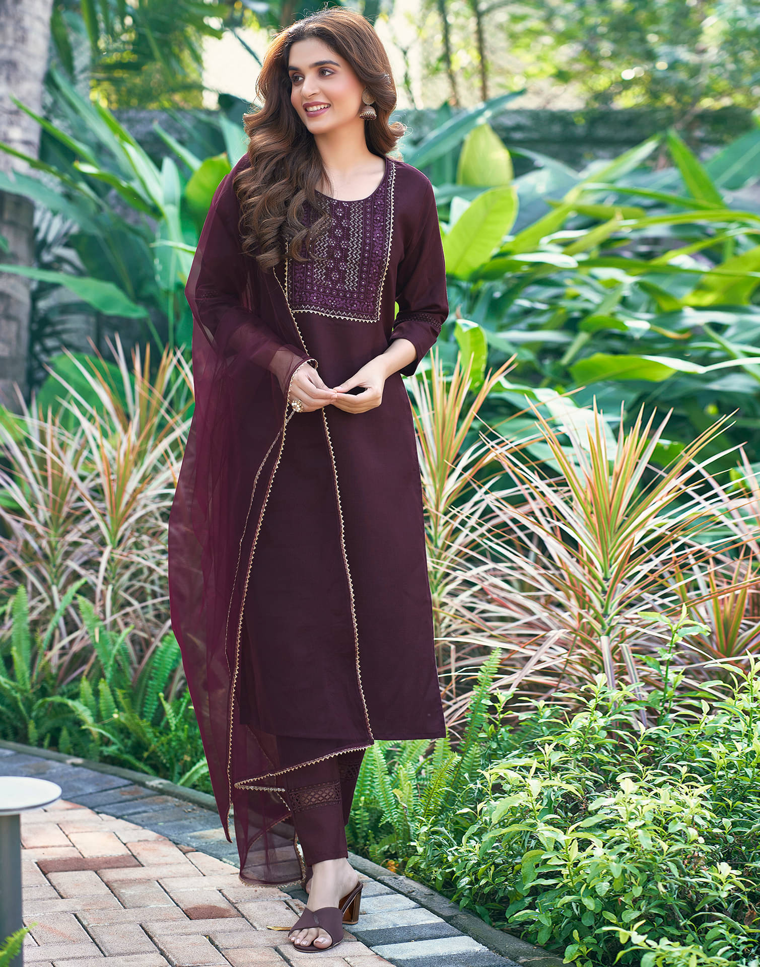 Skylee Chiffon Embroidered Kurti With Pants Women's Stitched Salwar Suit - Wine ( Pack of 1 ) Skylee Chiffon Embroidered Kurti With Pants Women's Stitched Salwar Suit - Wine ( Pack of 1 )