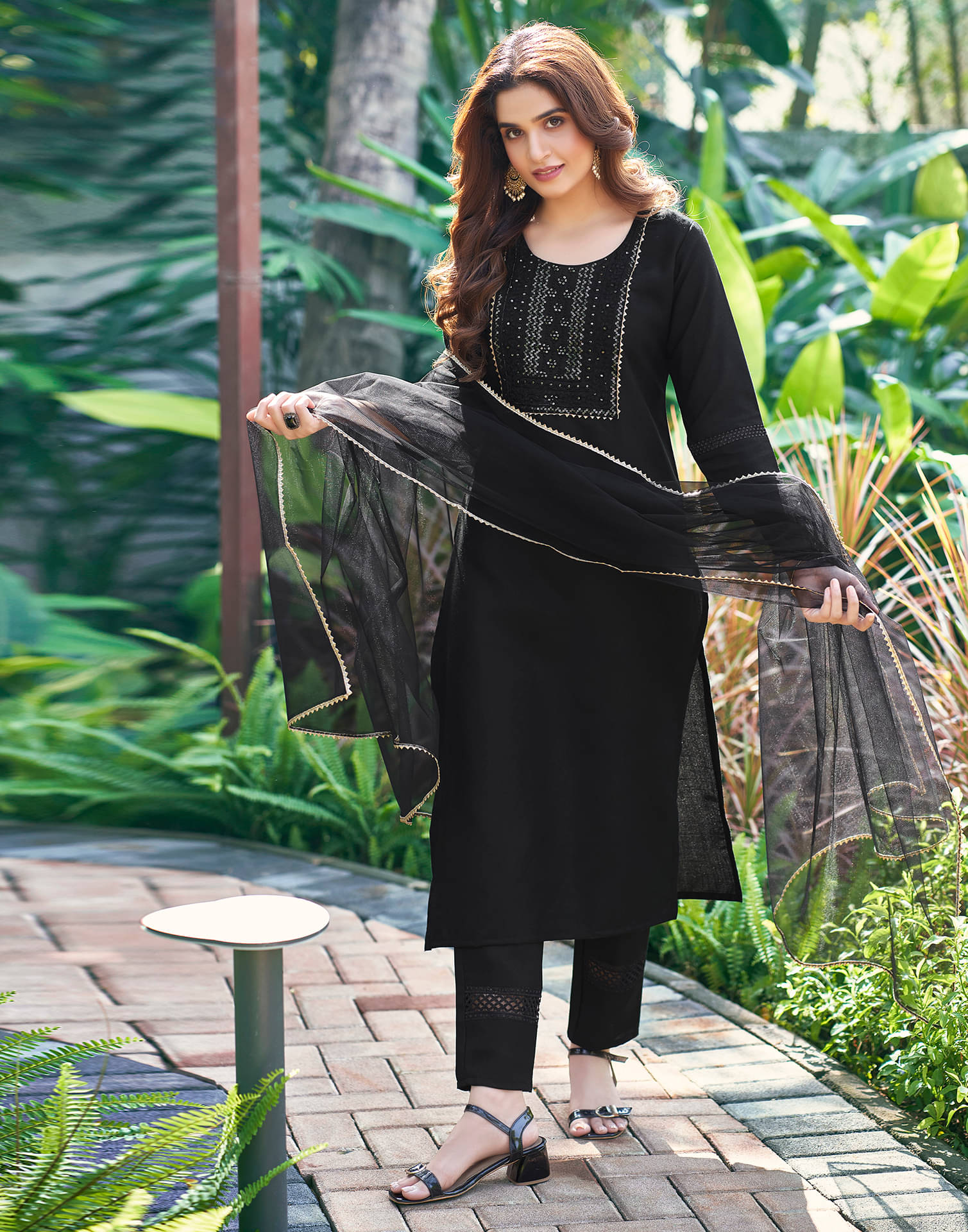 Skylee Chiffon Embroidered Kurti With Pants Women's Stitched Salwar Suit - Black ( Pack of 1 ) Skylee Chiffon Embroidered Kurti With Pants Women's Stitched Salwar Suit - Black ( Pack of 1 )